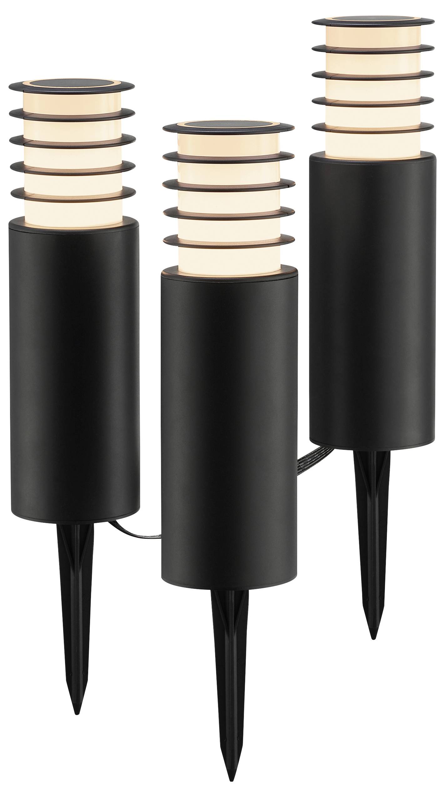 Ein Set von drei modernen schwarzen Außengartenleuchten mit zylindrischen Sockeln und gestapelten horizontalen Lichtdiffusoren, entwickelt zum Beleuchten von Gehwegen.