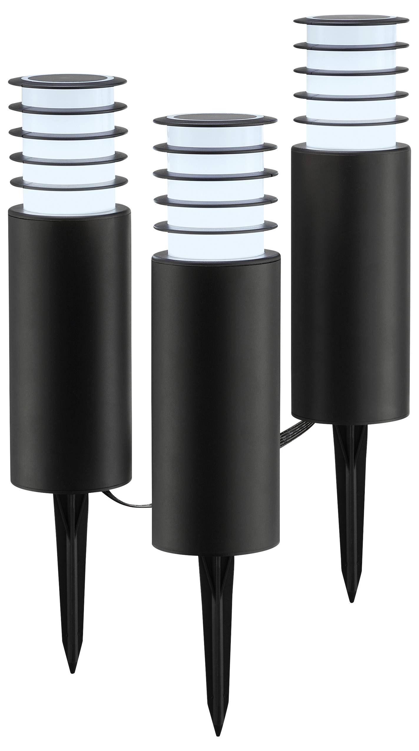 Drei elegante schwarze Außen-Wegbeleuchtungen mit zylindrischen Sockeln und mehrschichtigen transluzenten Oberteilen, durch ein Kabel miteinander verbunden, geeignet für Gartengestaltung.