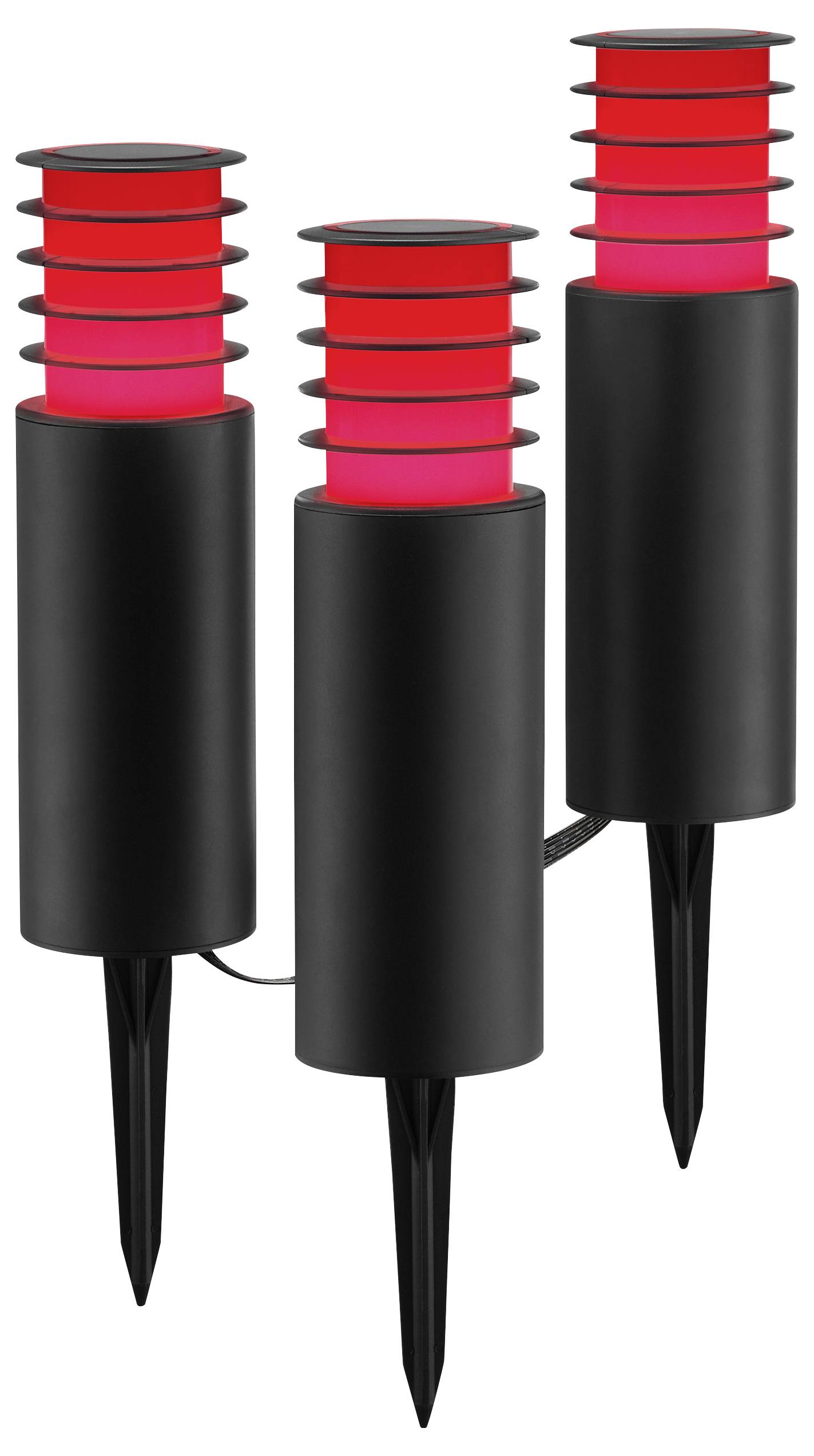 Drei moderne schwarze Außen-Erdspießleuchten mit leuchtend roten Oberflächen, in einer dreieckigen Anordnung platziert.
