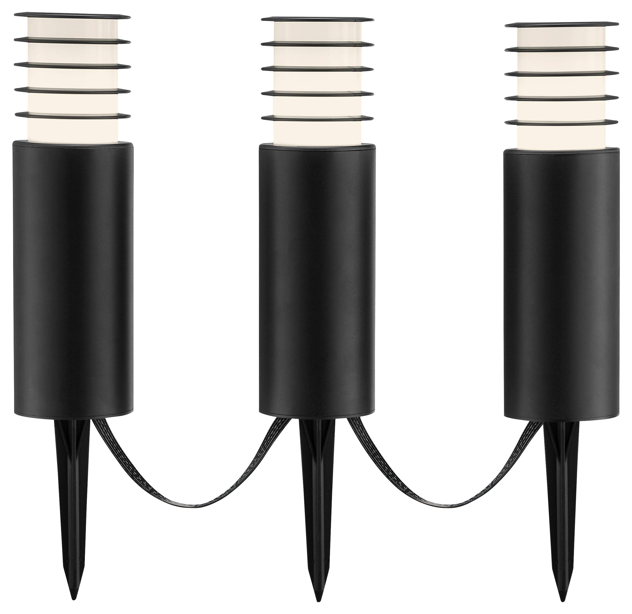 Drei moderne schwarze Außen-Erdspießleuchten, die durch ein Kabel miteinander verbunden sind und für die Beleuchtung von Gärten oder Wegen konzipiert sind.
