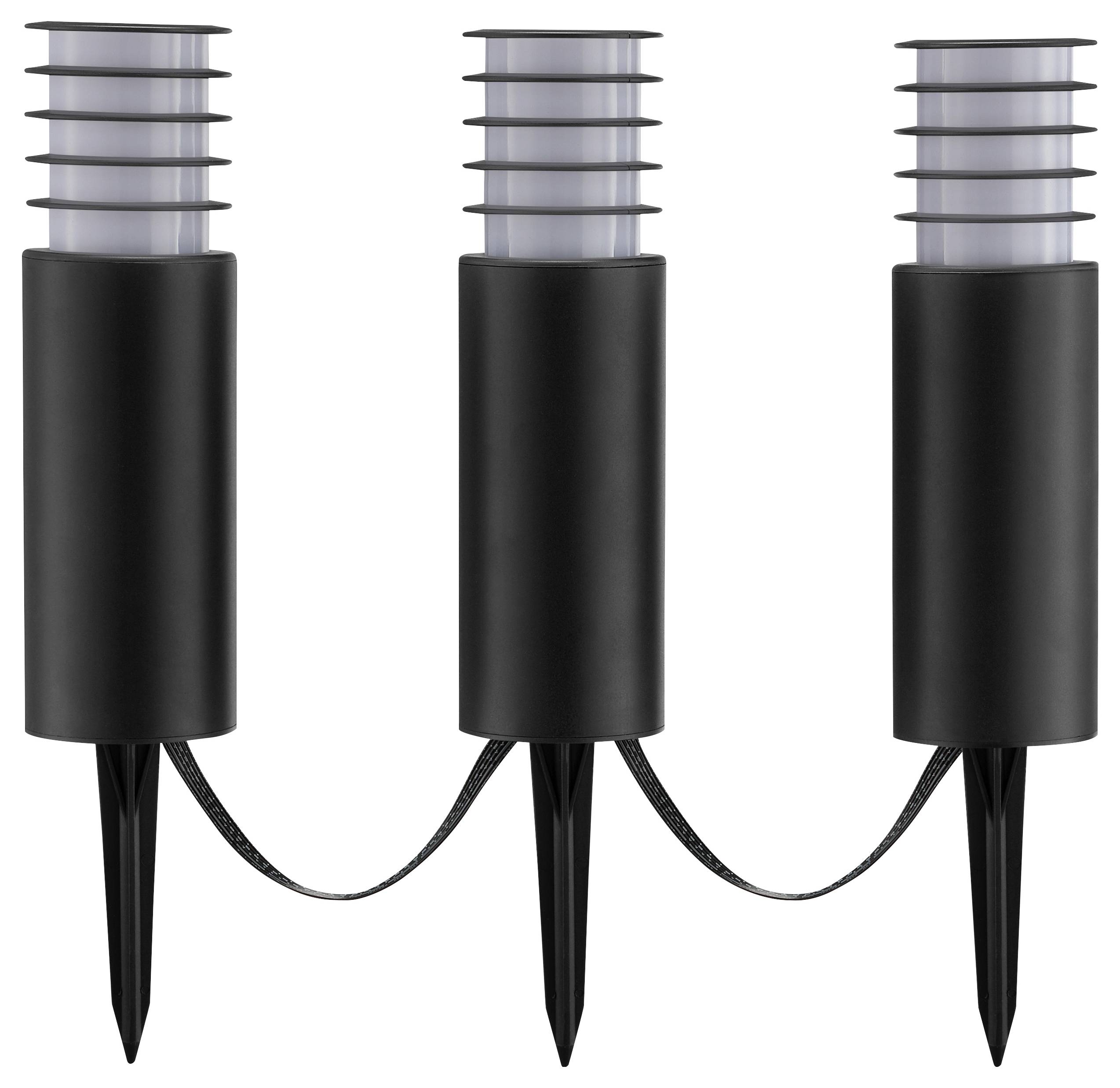 Drei schwarze, zylindrische Außenleuchten, die durch ein Kabel miteinander verbunden sind, jede mit einem spitzen Erdspieß am unteren Ende zum Einsetzen in den Boden.