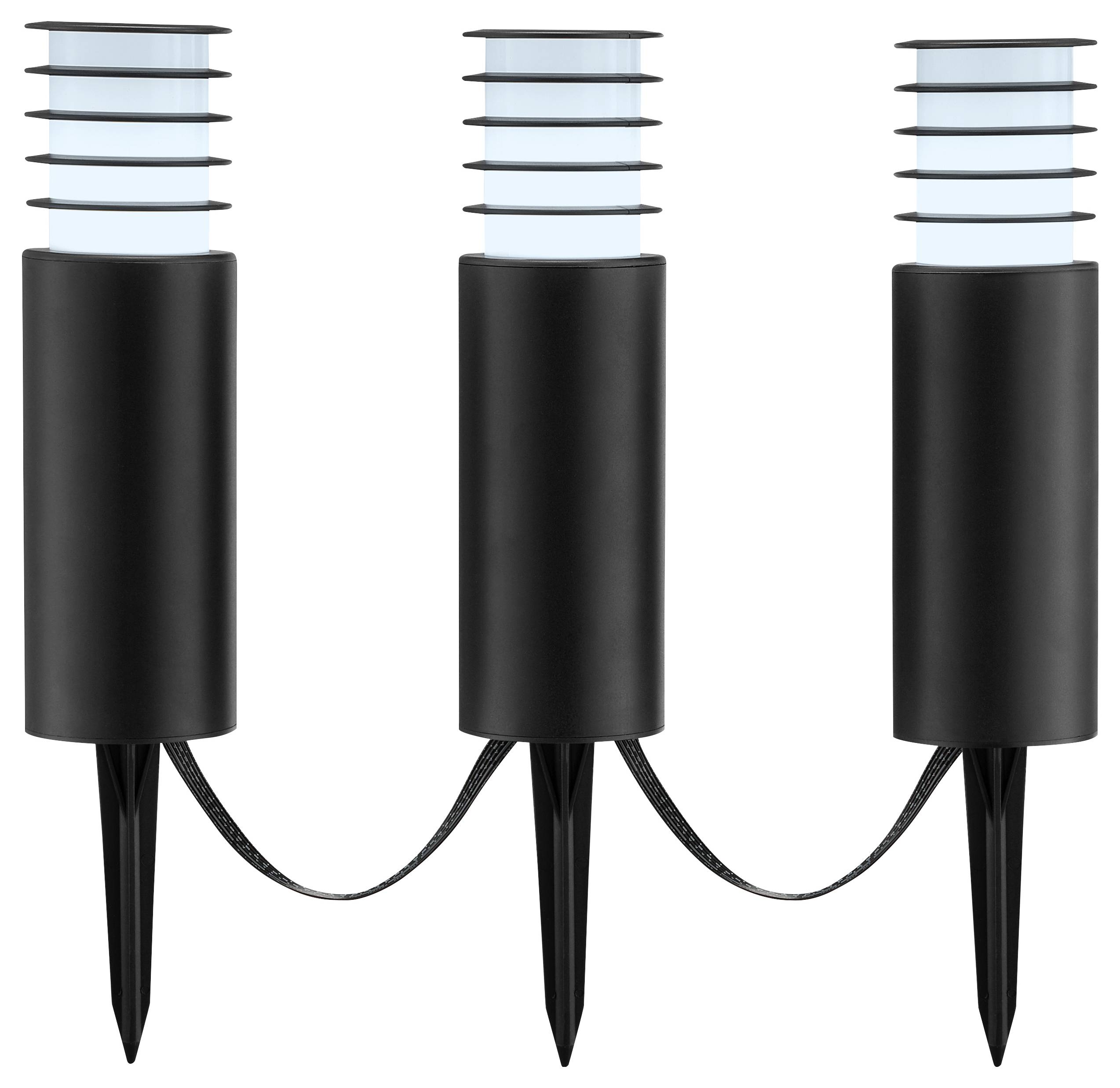 Drei schwarze Außen-Wegebeleuchtungen mit zylindrischen Oberflächen und Erdspießen, durch ein Kabel miteinander verbunden, zur Gartenbeleuchtung konzipiert.