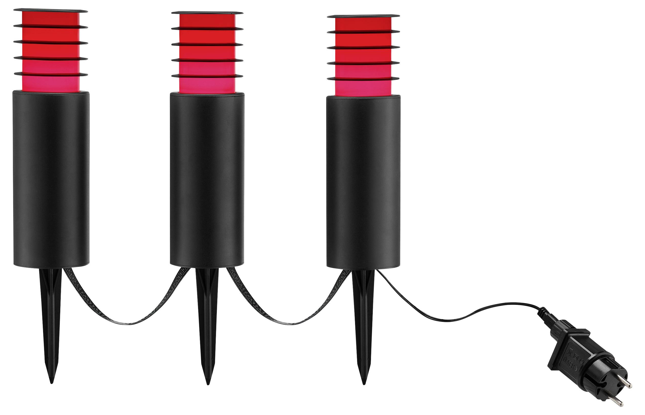 Drei schwarze Gartenwegebeleuchtungen mit roten Oberflächen, die durch ein Kabel und einen Stecker auf der rechten Seite miteinander verbunden sind.