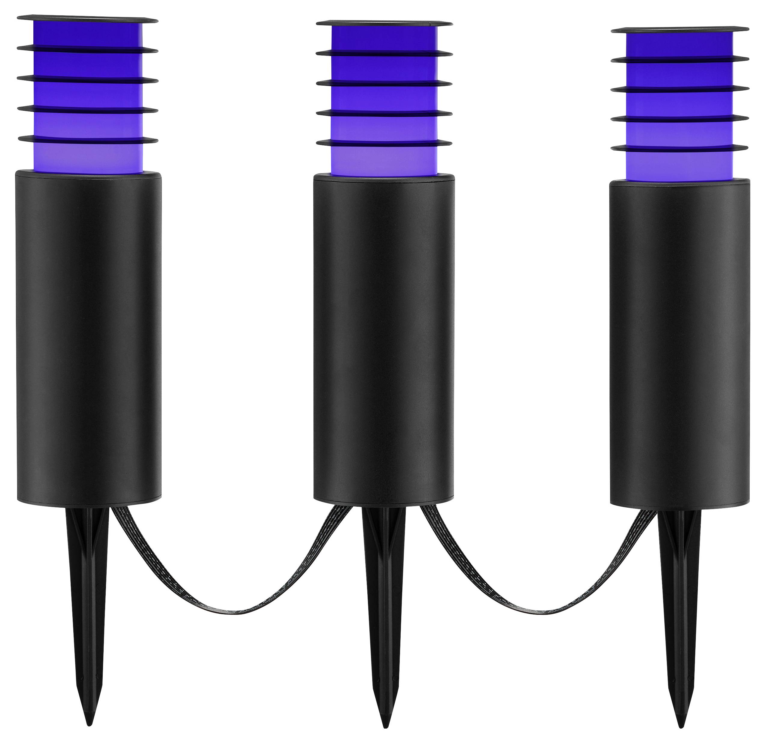Drei schwarze Erdspieße mit blauen Köpfen, durch ein Kabel verbunden, für Außenbeleuchtung konzipiert.