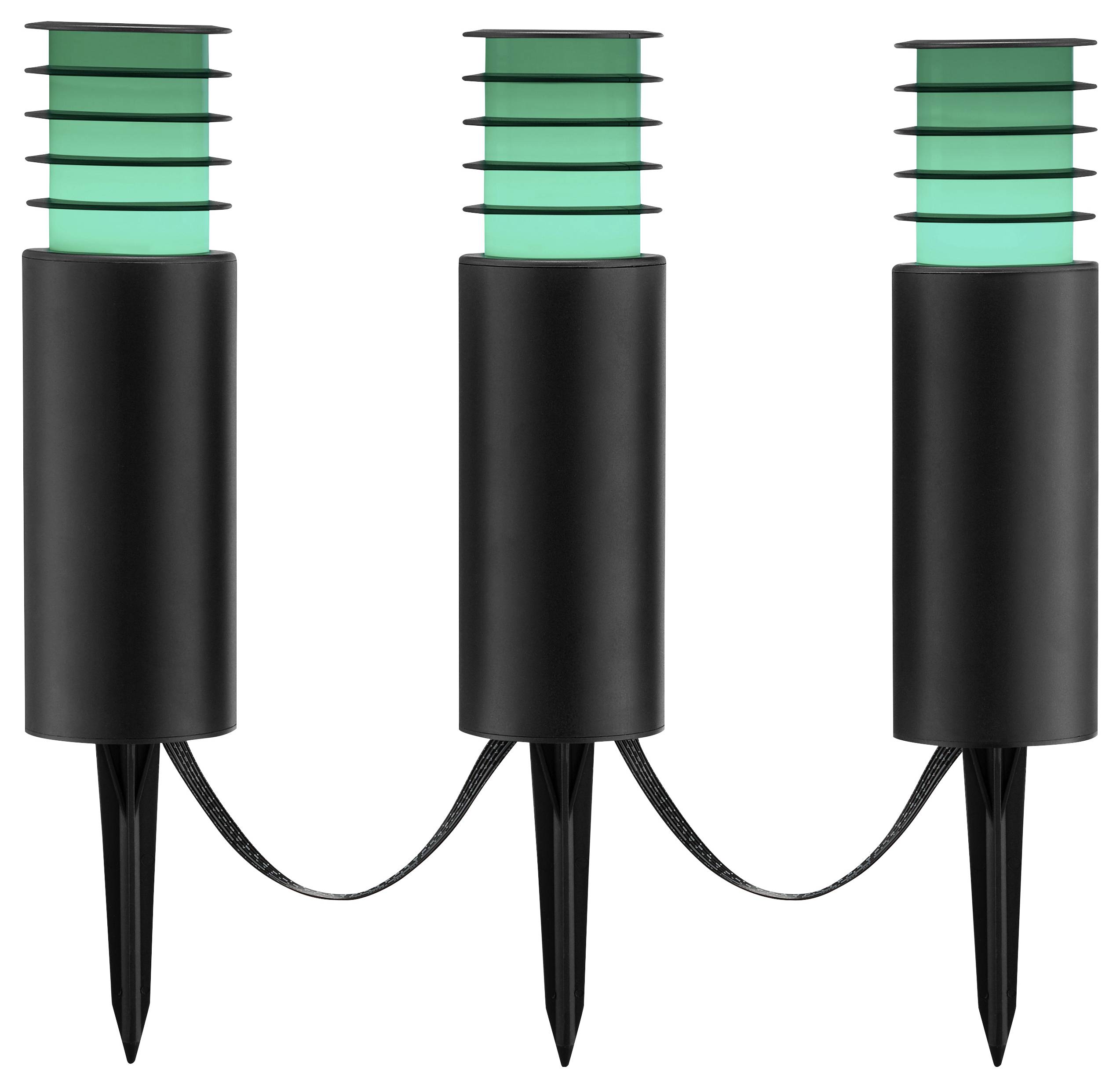 Drei schwarze Außenwegeleuchten sind durch ein Kabel miteinander verbunden. Jede Leuchte hat eine zylindrische Basis und eine leuchtend türkisfarbene Oberseite.