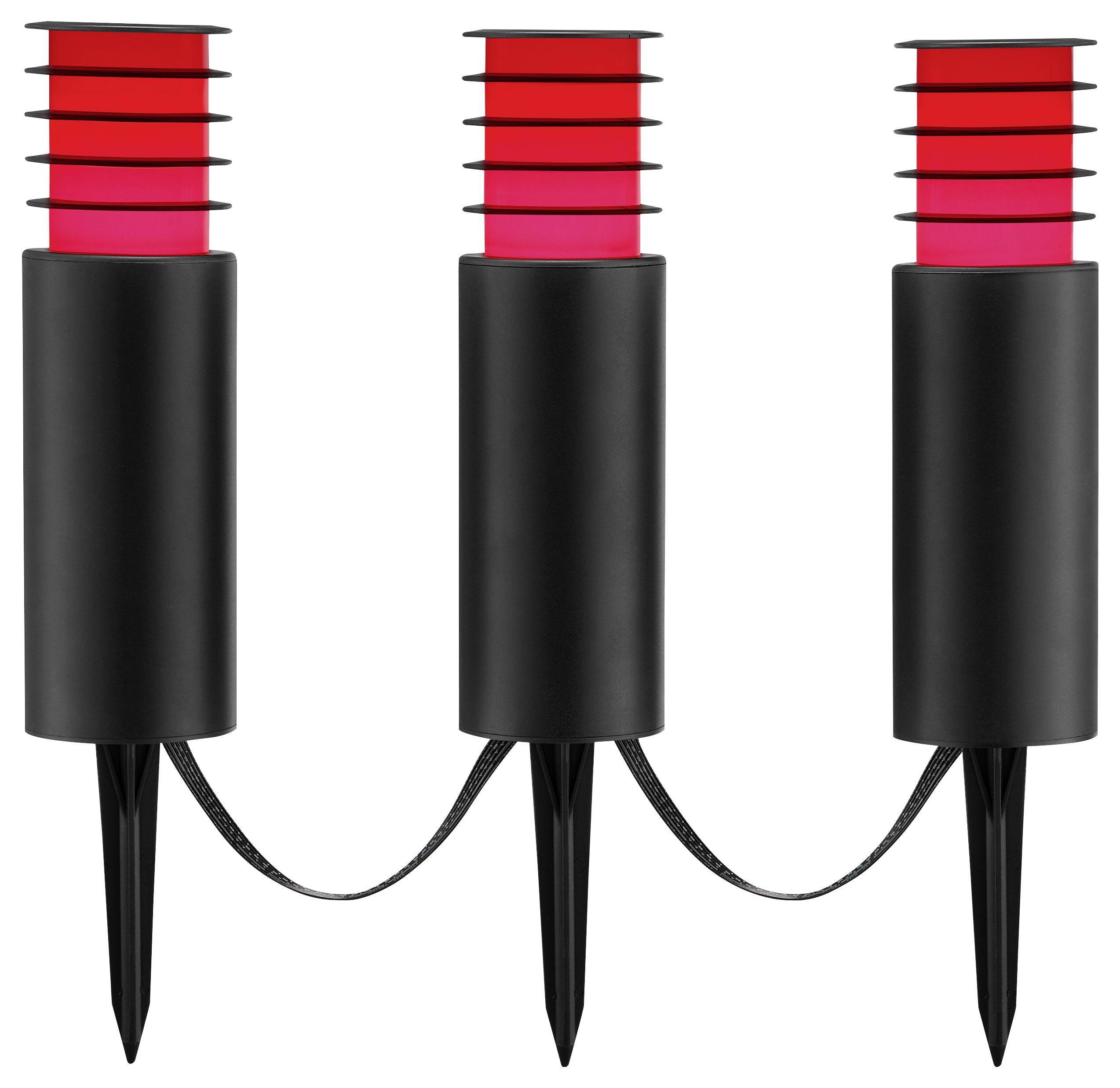Drei schwarze Gartenleuchten für den Außenbereich mit roten LED-Köpfen, durch ein schwarzes Kabel miteinander verbunden, jede auf Erdspießen montiert für einfaches Einsetzen in den Boden.