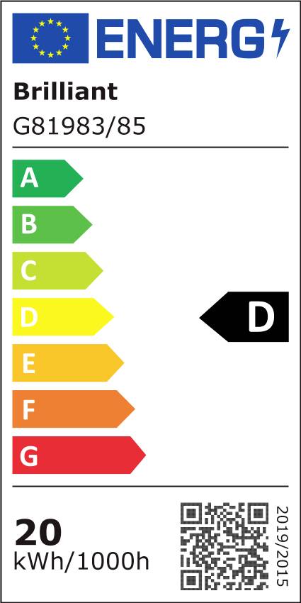 Energieeffizienz-Etikett zeigt Bewertung 'D' für Produktmodell Brilliant G81983/85, mit Energieverbrauch von 20 kWh pro 1000 Stunden. QR-Code unten.
