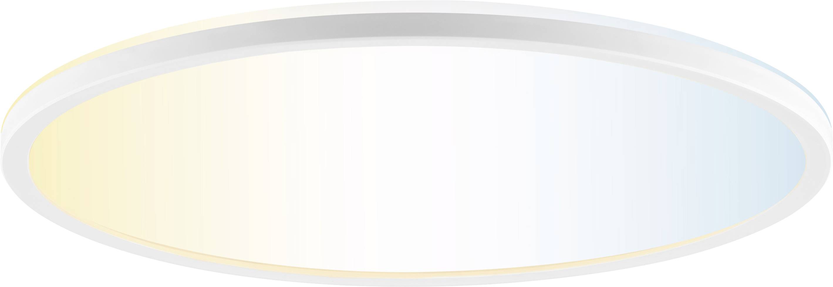 Eine kreisförmige LED-Deckenleuchte mit einem Verlauf von warmem Gelb bis zu kühlem Blau, die die einstellbare Farbtemperatur für Ambientebeleuchtung veranschaulicht.