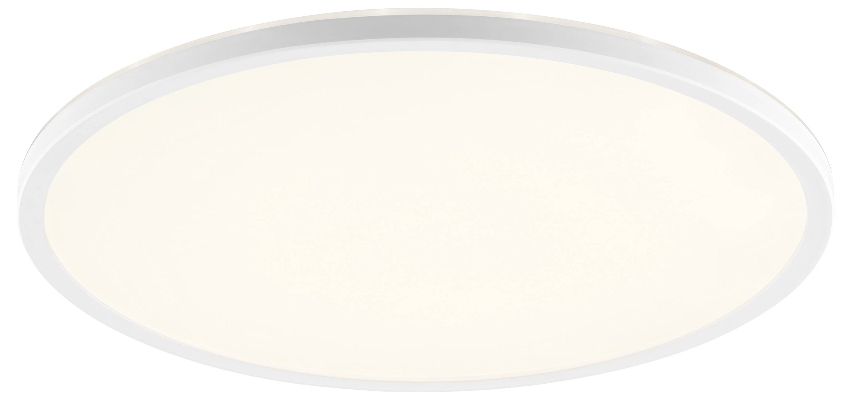 Eine runde, weiße Deckenleuchte mit einem schlichten, modernen Design, die ein weiches, gleichmäßiges Licht ausstrahlt.