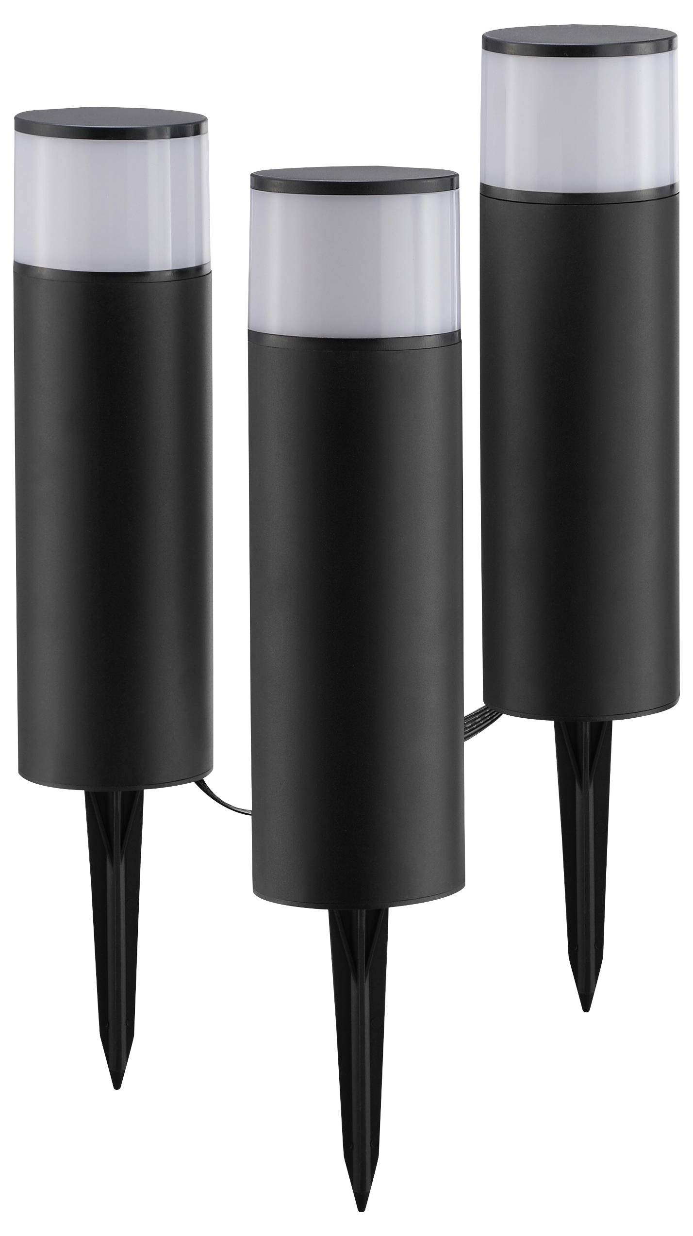 Drei schwarze, solarbetriebene Gartenleuchten mit zylindrischem Design und spitzen Erdspießen für die Außeninstallation.