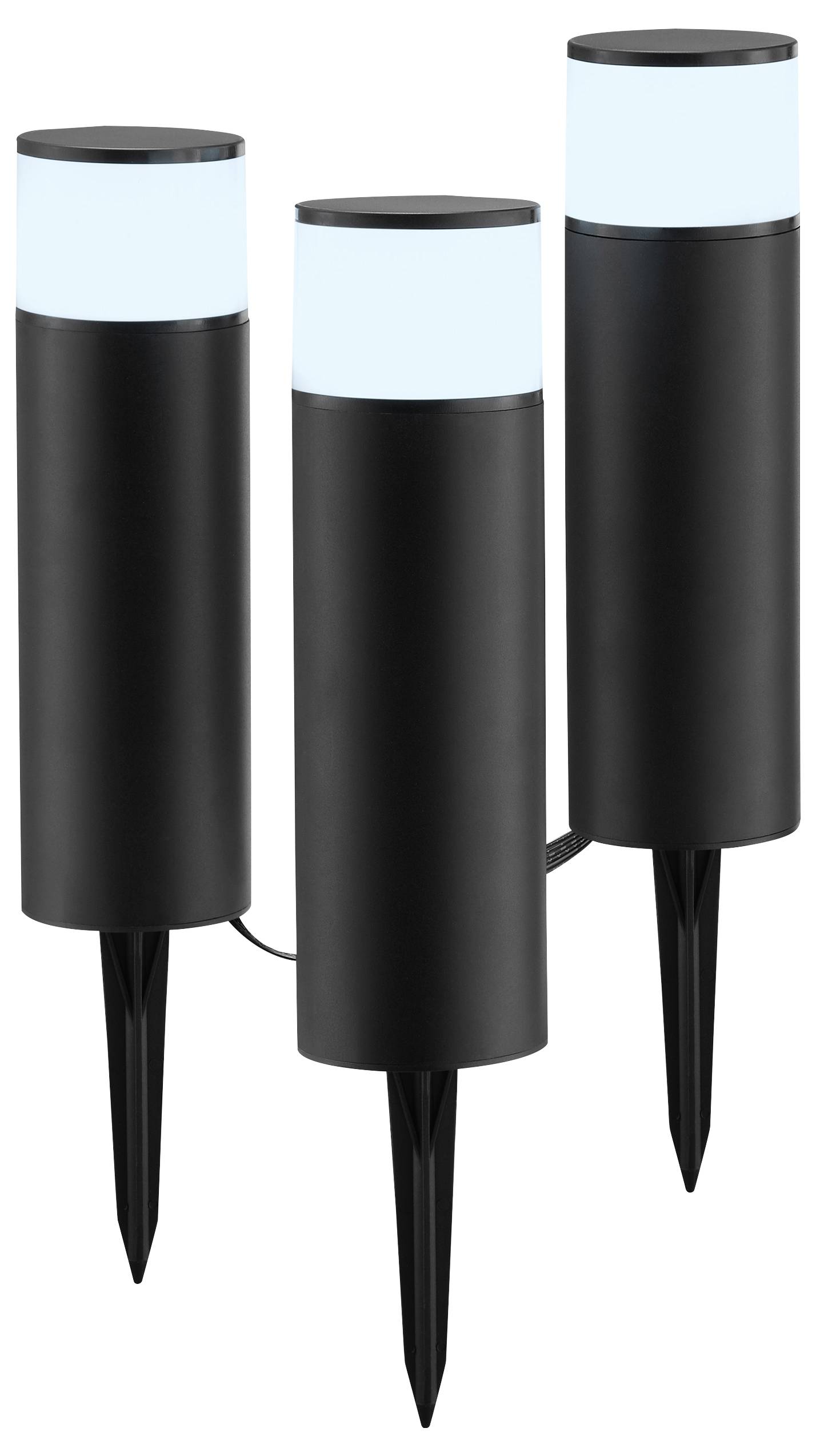 Drei schwarze, zylindrische Außenleuchten mit spitzen Erdspießen, die mit mattierten Linsen für sanfte Beleuchtung versehen sind und für den Gartenbereich konzipiert wurden.