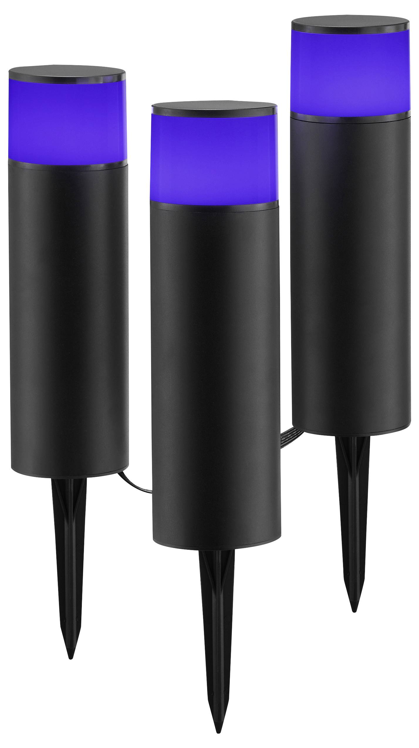 Drei schwarze, zylinderförmige Außenleuchten mit blauen Oberteilen, die auf Stäben für die Gartenplatzierung montiert sind.