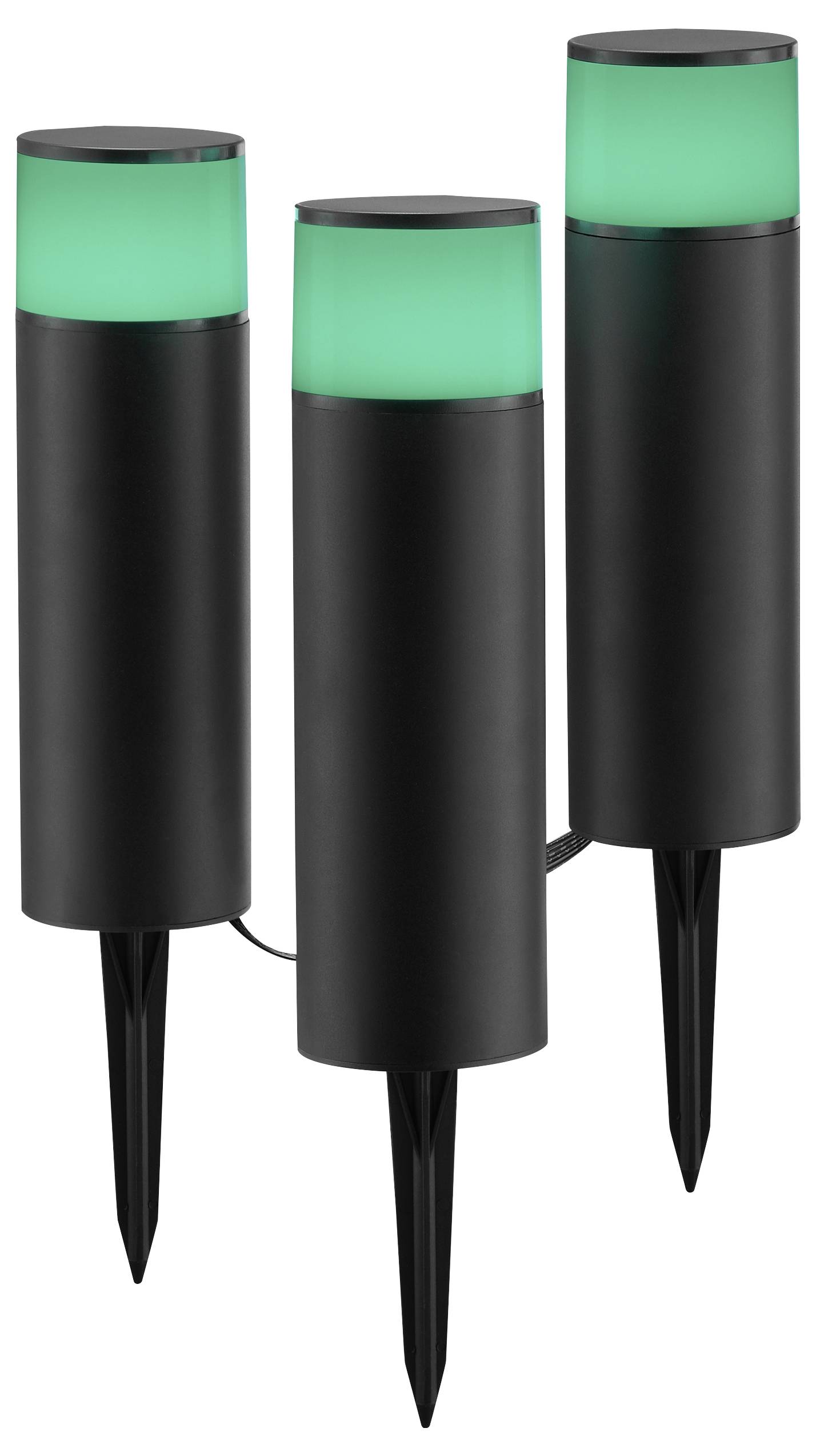 Drei zylindrische schwarze Gartenleuchten mit spitzen Sockeln, mit beleuchteten grünen Oberflächen, geeignet für Außendekoration oder Wegebeleuchtung.
