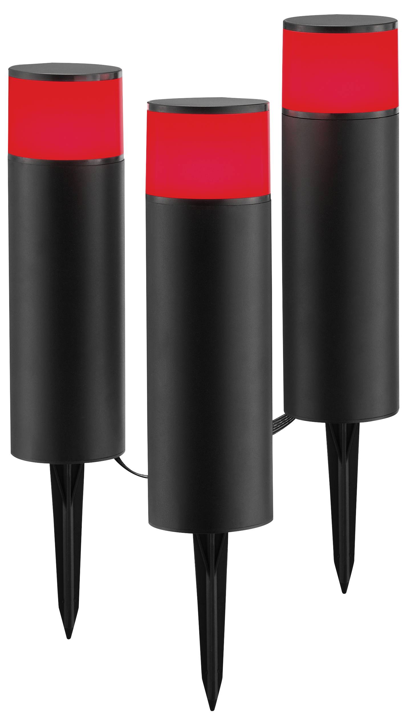 Drei schwarze zylindrische Außenleuchten mit roten leuchtenden Oberteilen und spitzen Basen für Bodeninstallation, durch ein Kabel miteinander verbunden.