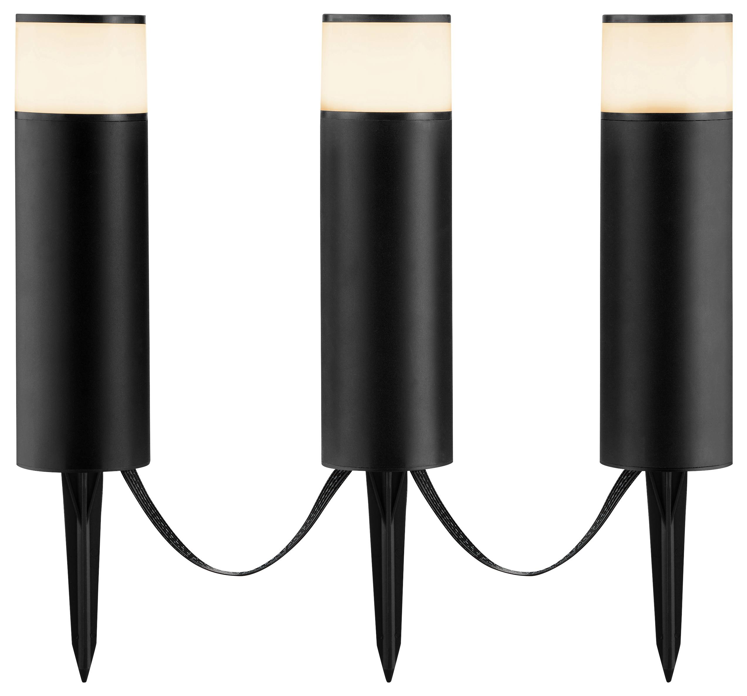 Drei schwarze Gartenwegelampen mit modernem zylindrischem Design, durch ein Kabel verbunden, mit warmglühenden Oberflächen.