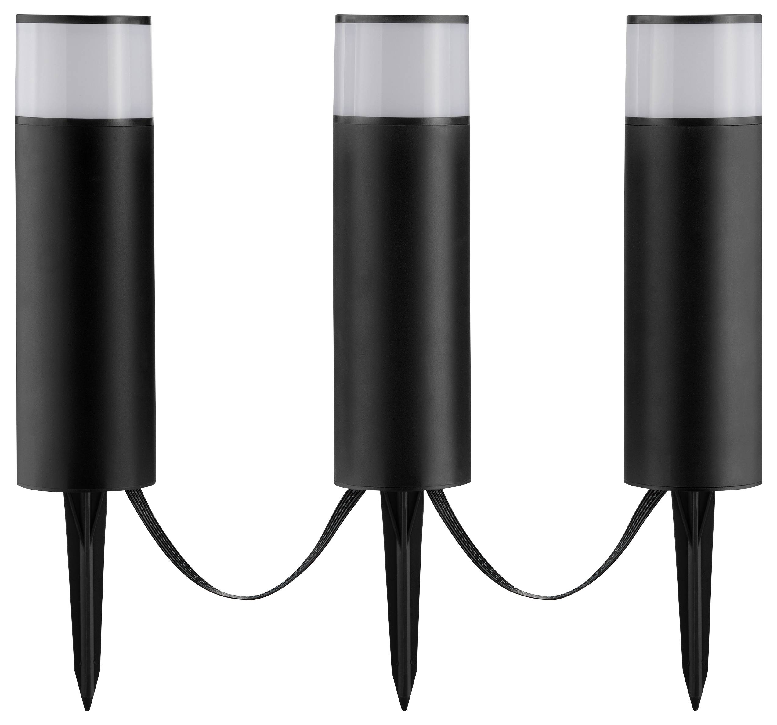 Drei schwarze Außenwegeleuchten mit Erdspießen und Verbindungskabeln, zum Einbau im Boden konzipiert.