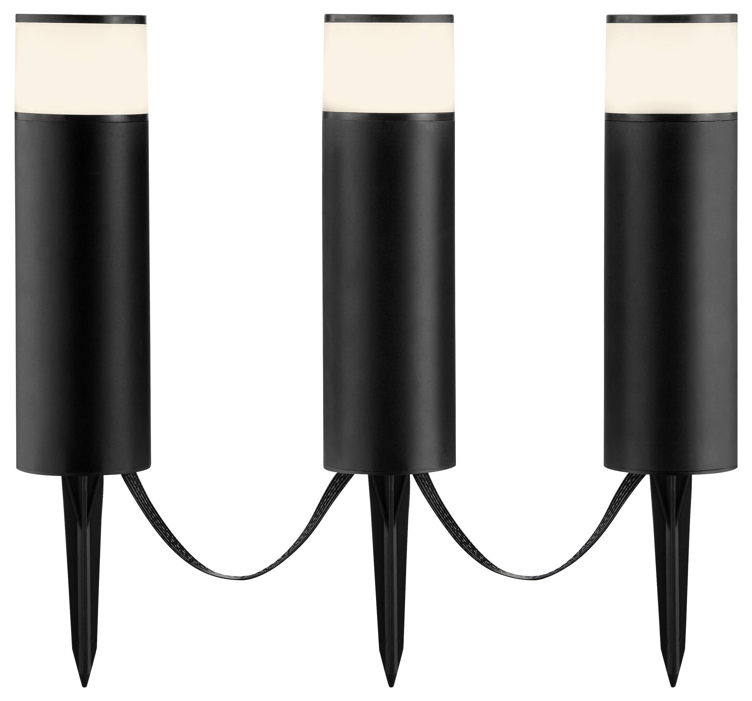 Drei schwarze, zylindrische Außenwegeleuchten, die durch ein Kabel miteinander verbunden sind, mit spitzen Basen zur Bodeninstallation.