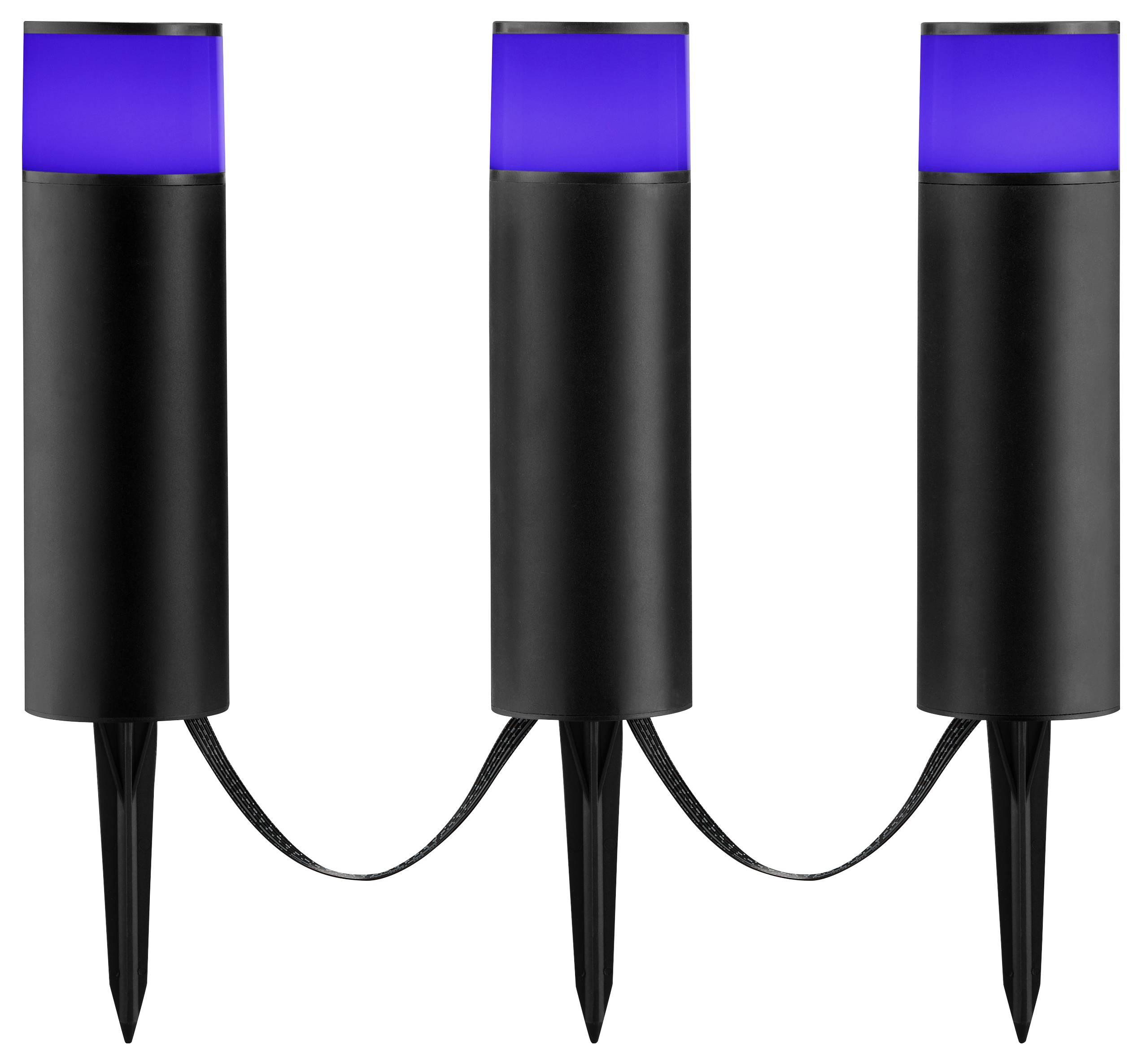 Drei verbundene schwarze Gartenleuchten mit blauen Abdeckungen, für den Außenbereich konzipiert, jede mit einem Erdspieß zur Bodeninstallation.