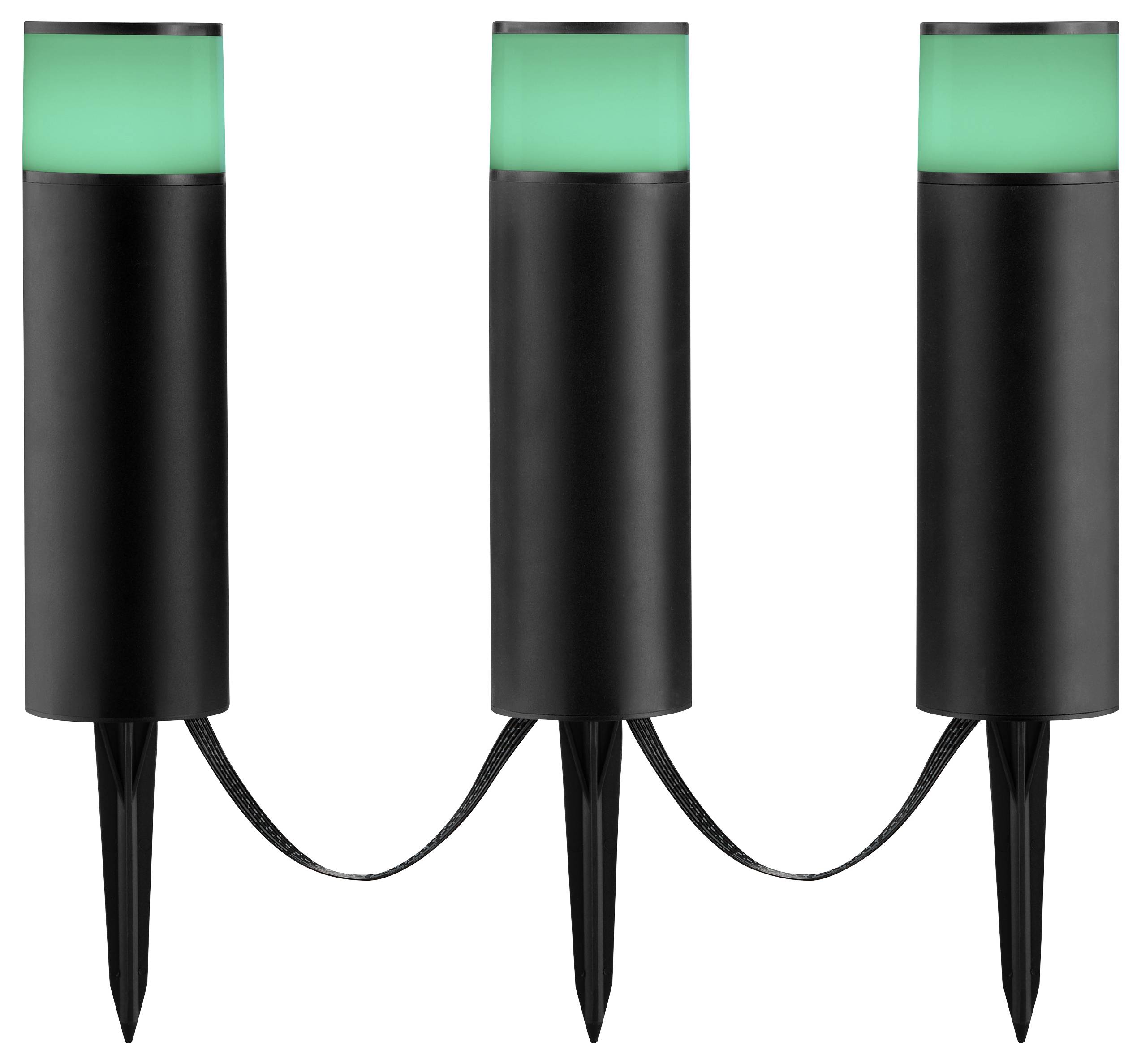 Drei schwarze Außenleuchten mit grünen Oberteilen, durch Kabel miteinander verbunden, für Garten- oder Wegebeleuchtung konzipiert.