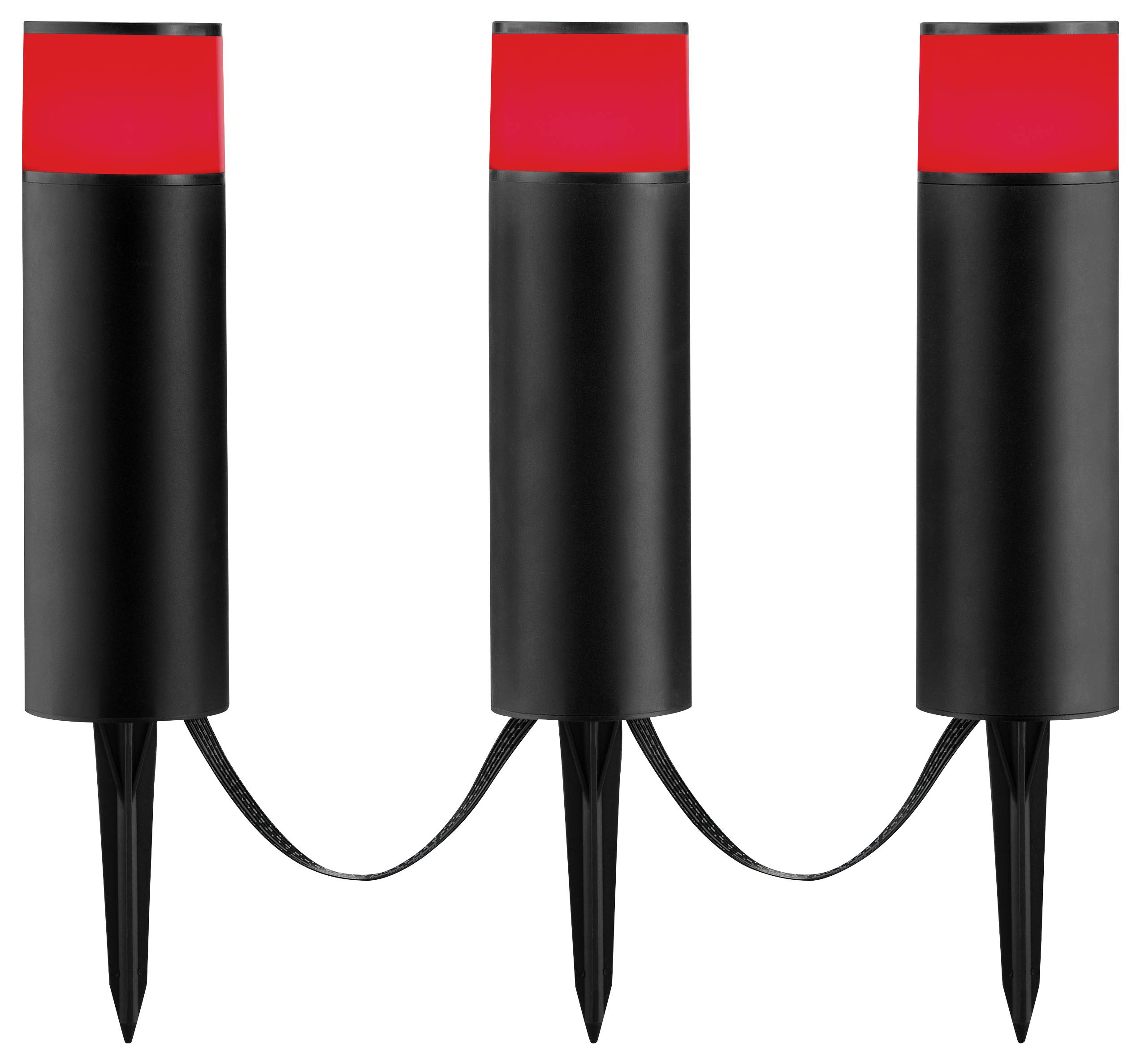 Drei schwarze Außenleuchten mit roten Oberflächen, die durch ein schwarzes Kabel miteinander verbunden sind und zum Einstechen in den Boden konzipiert sind.