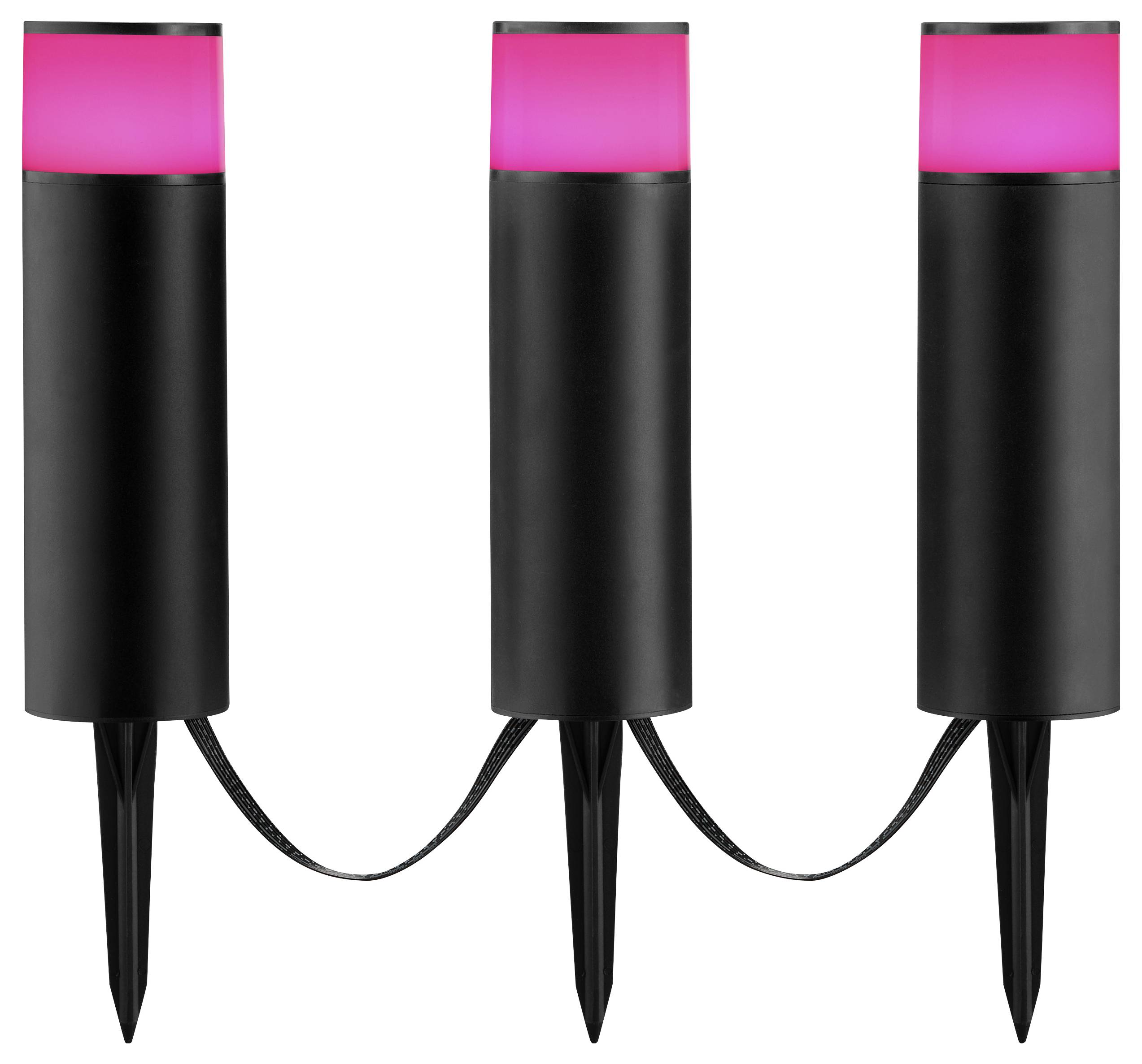 Drei schwarze, zylindrische Außenleuchten, die durch ein Kabel miteinander verbunden sind, wobei jede Leuchte von einem leuchtend rosa Abschnitt gekrönt wird.