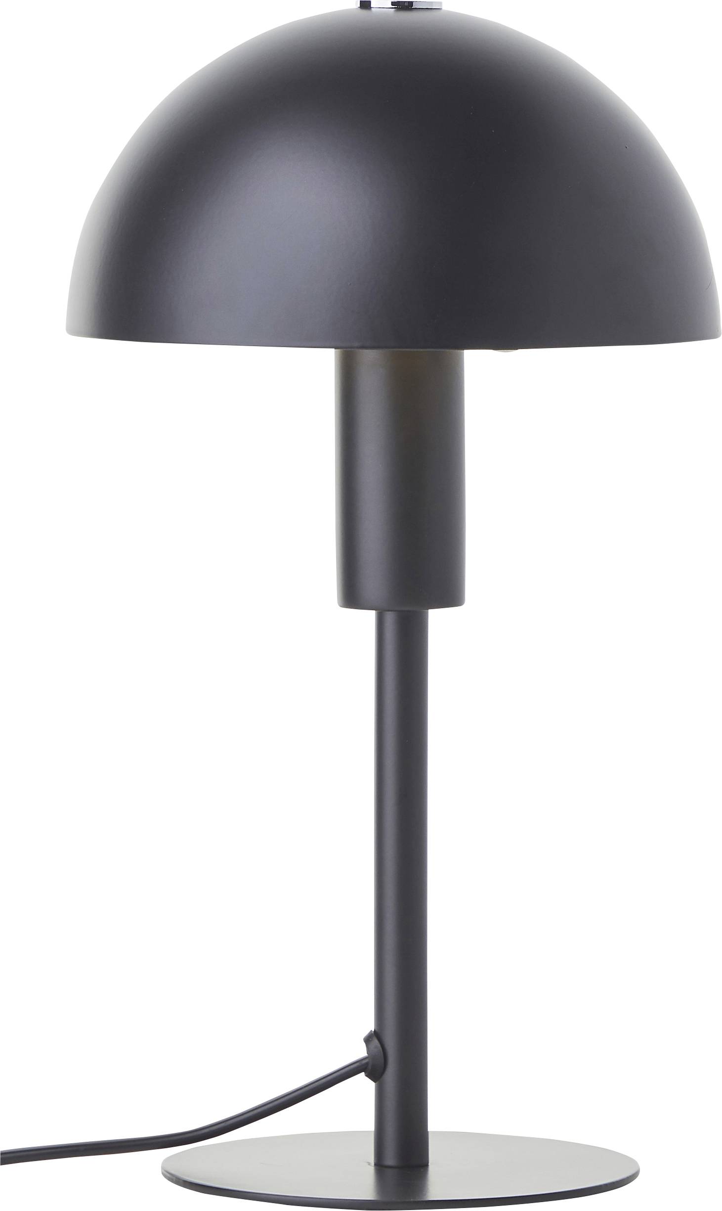 Eine moderne schwarze Tischlampe mit einem kuppelförmigen Schirm und einer schlanken Basis, die aufrecht steht.