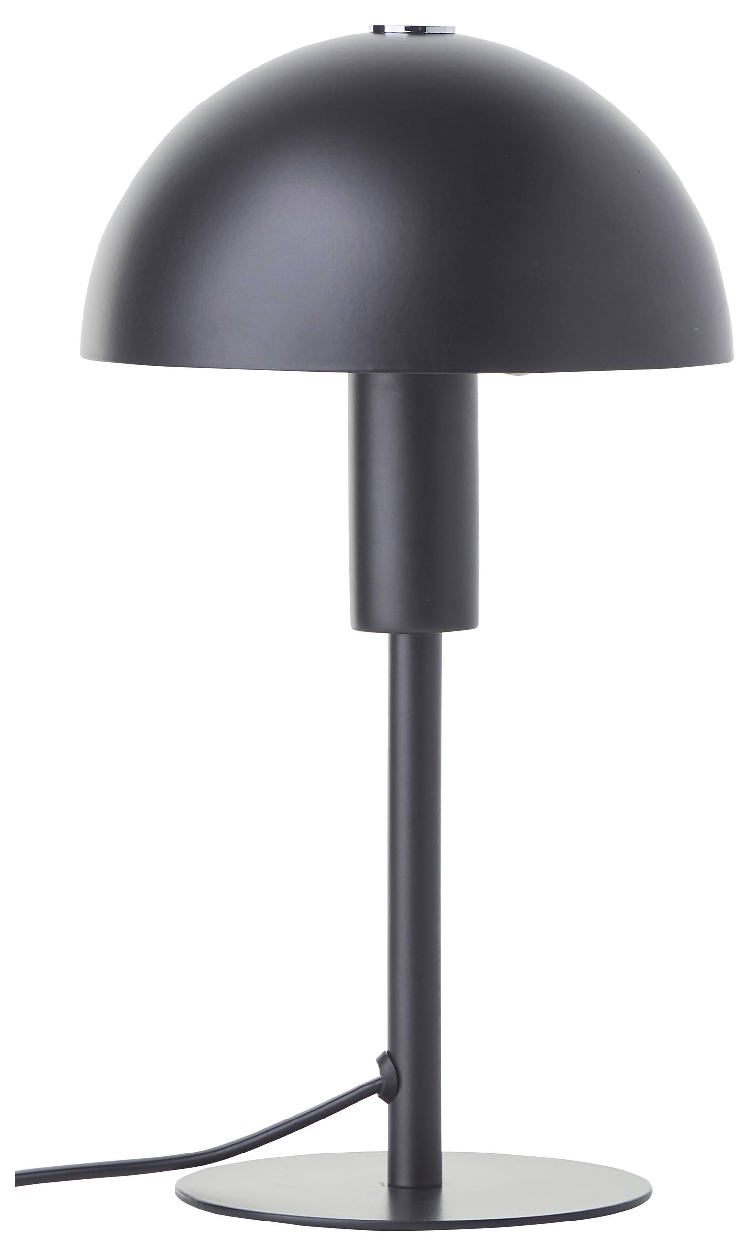 Eine elegante, moderne schwarze Tischlampe mit einer kuppelförmigen Lampenschirm und zylindrischer Basis, ideal für minimalistisches Innendesign.