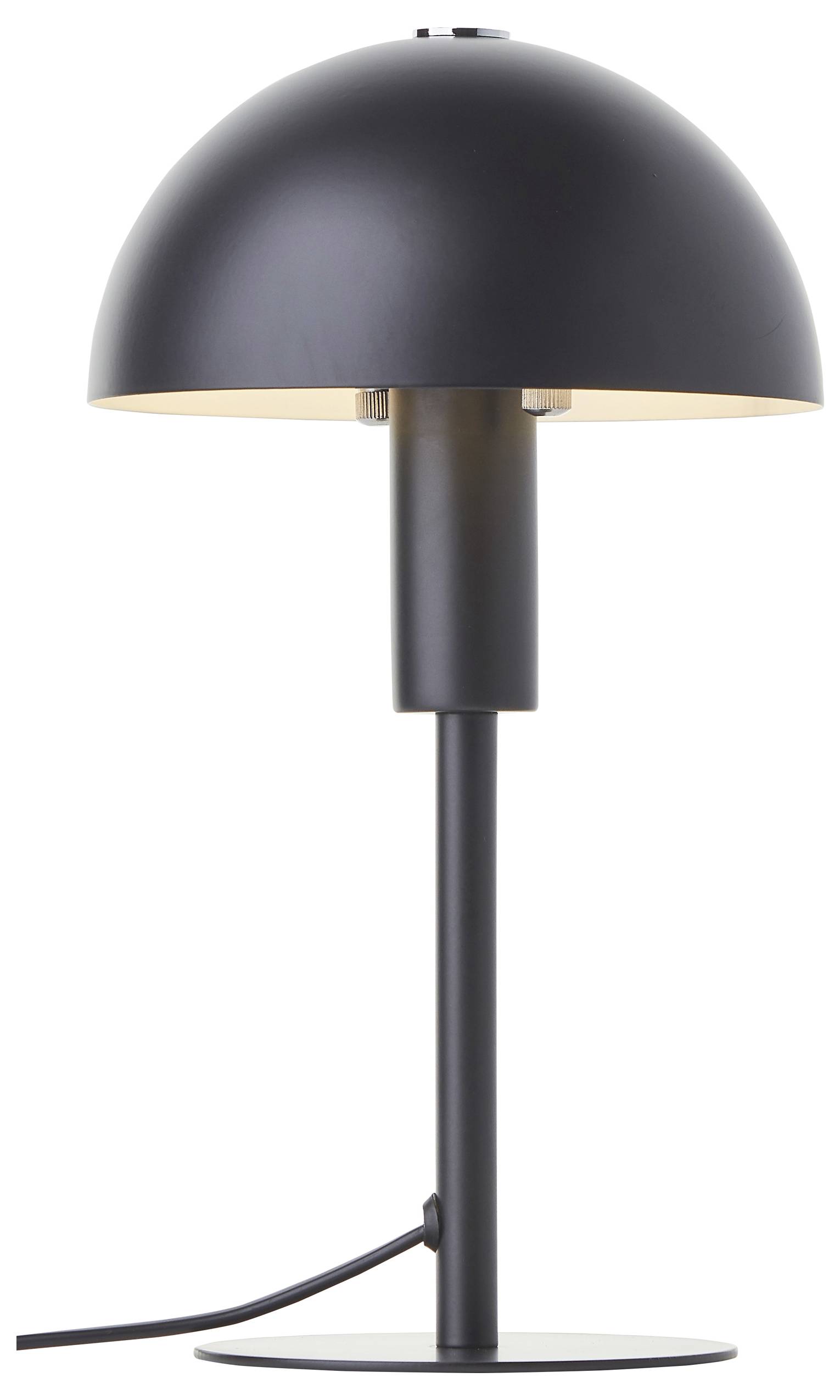 Eine moderne schwarze Tischlampe mit einem kuppelförmigen Lampenschirm und einem schlanken Ständer auf einer kreisrunden Basis.