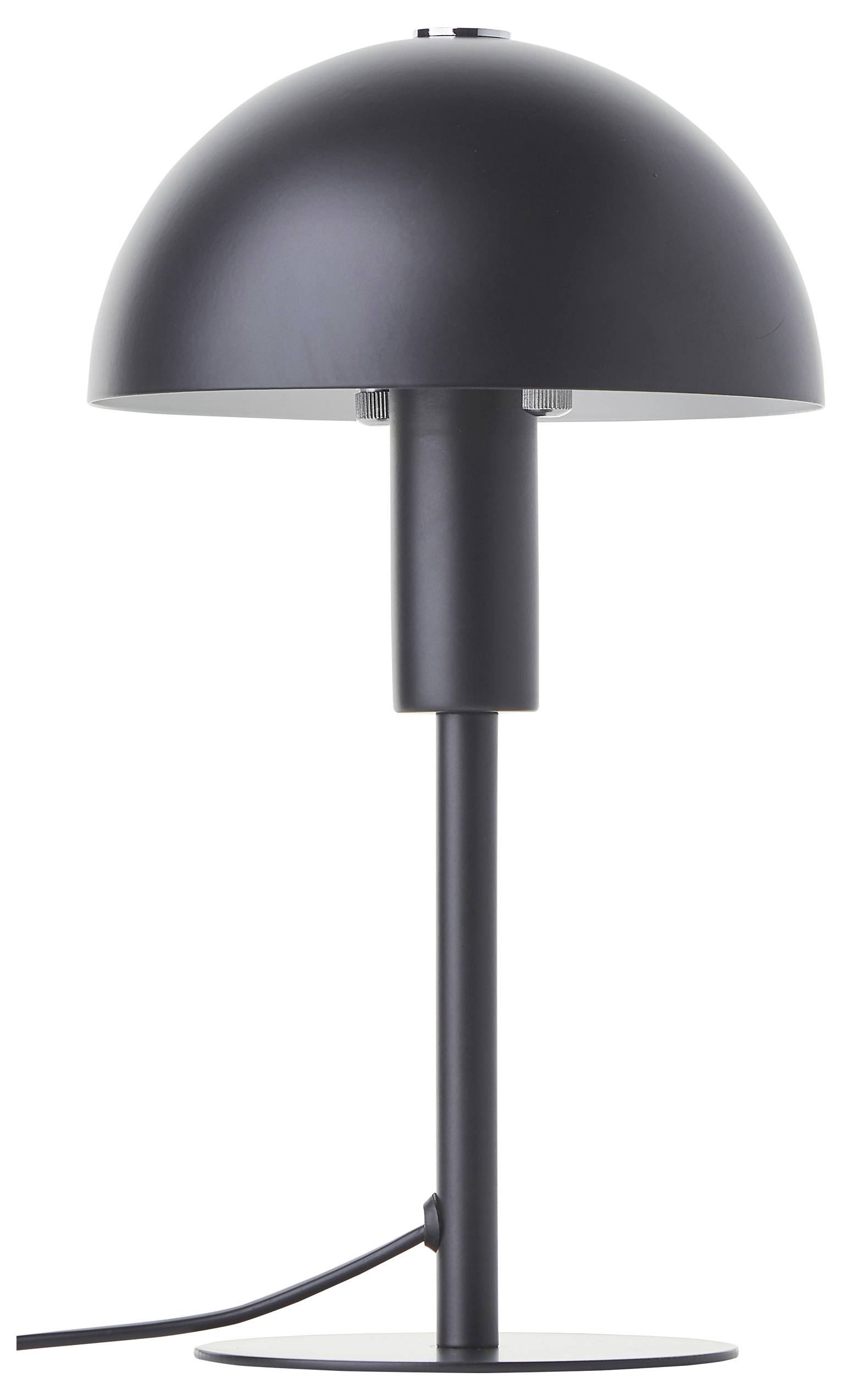 Eine schwarze moderne Tischlampe mit einem kuppelförmigen Lampenschirm, einer schlanken zylindrischen Basis und einem Netzkabel, das vom unteren Ende herausragt.