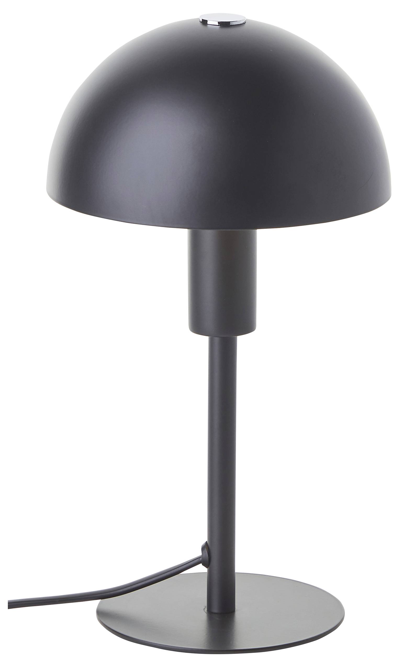 Eine moderne schwarze Tischlampe mit einem kuppelförmigen Lampenschirm und einer zylindrischen Basis, die auf einer runden Plattform steht.