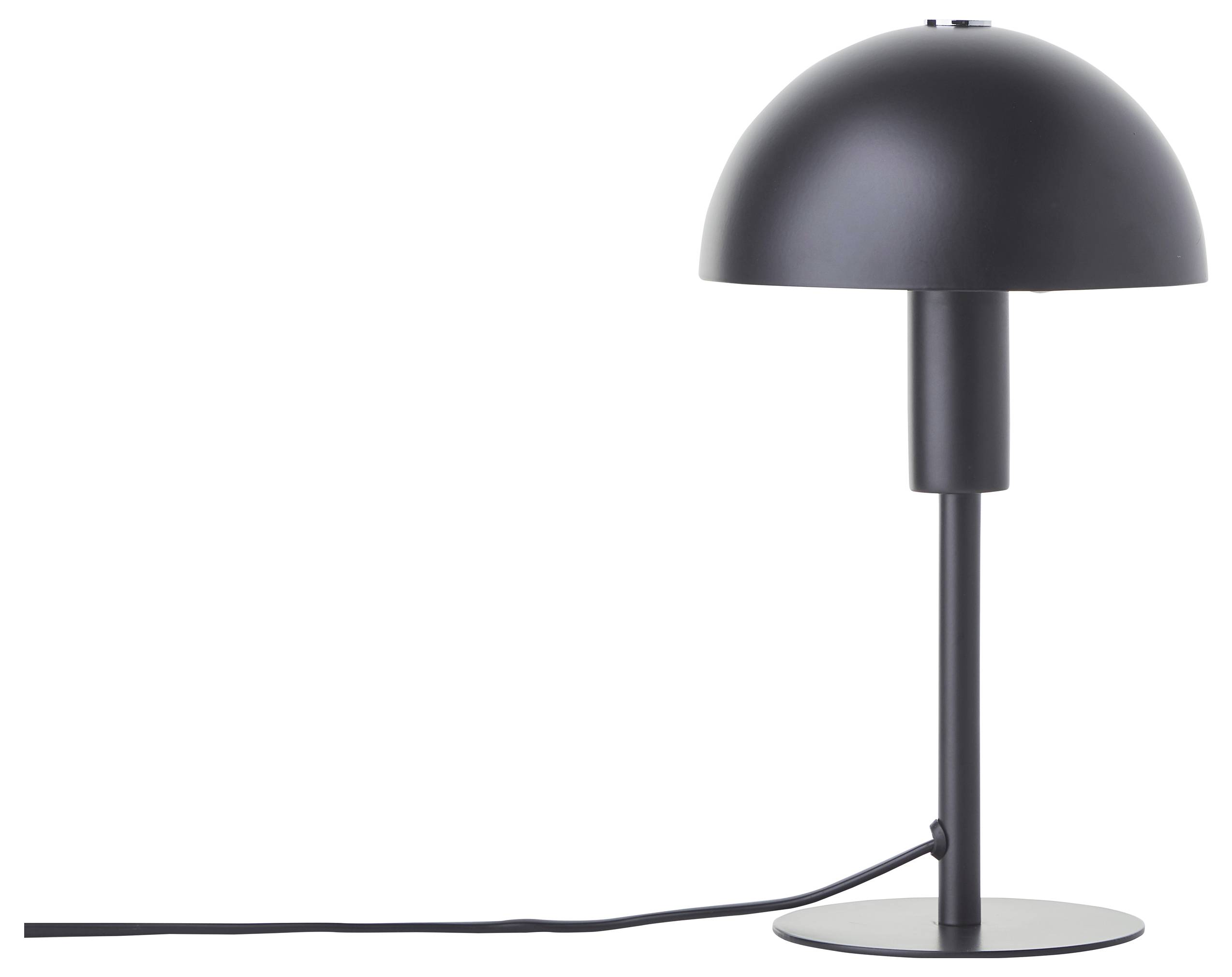 Eine elegante schwarze, kuppelförmige Tischlampe mit einem zylindrischen Sockel und sichtbarem Netzkabel.