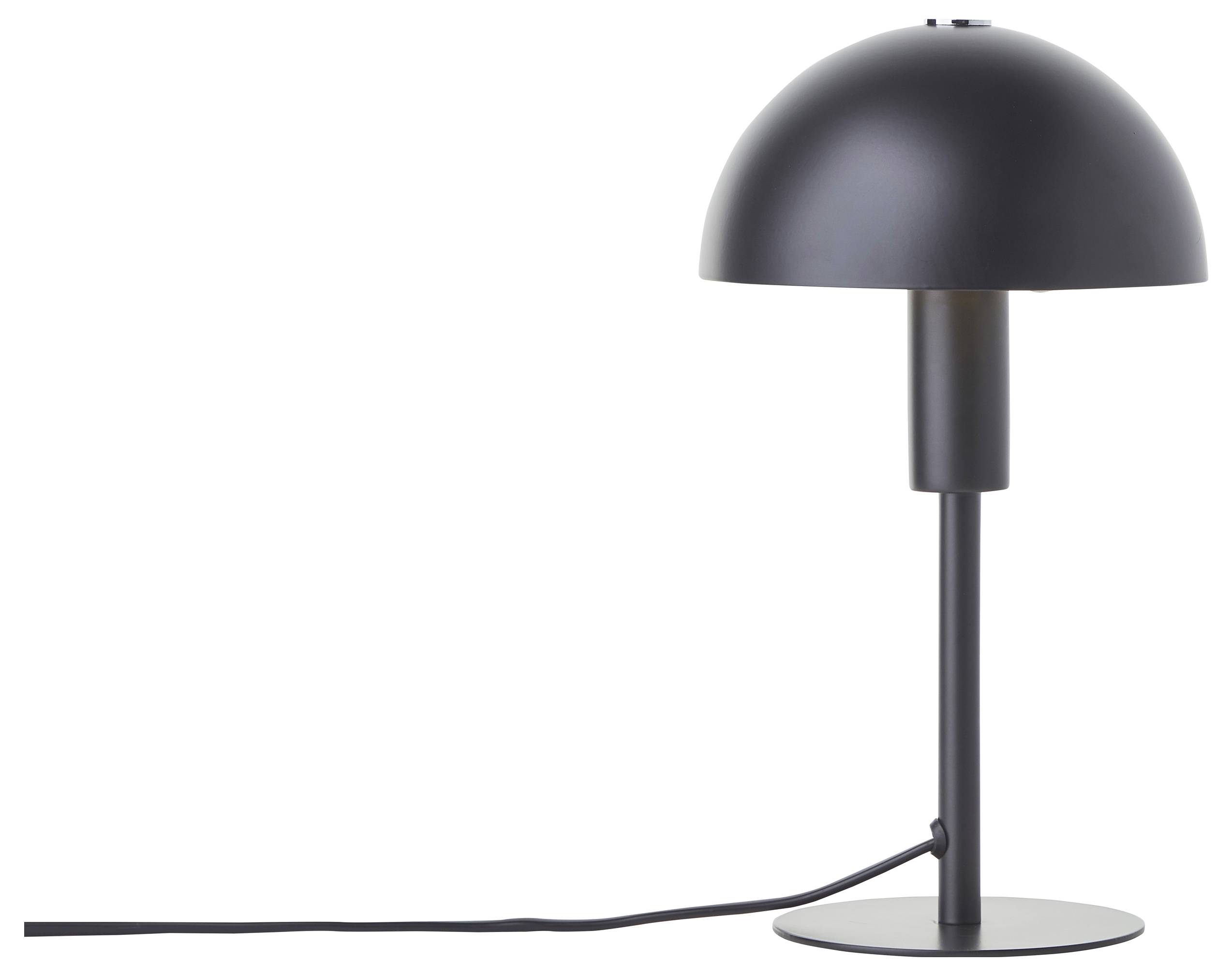Eine moderne schwarze Tischlampe mit einem kuppelförmigen Lampenschirm, die auf einer runden Basis steht. Ein sichtbares Kabel erstreckt sich von der Basis nach links.