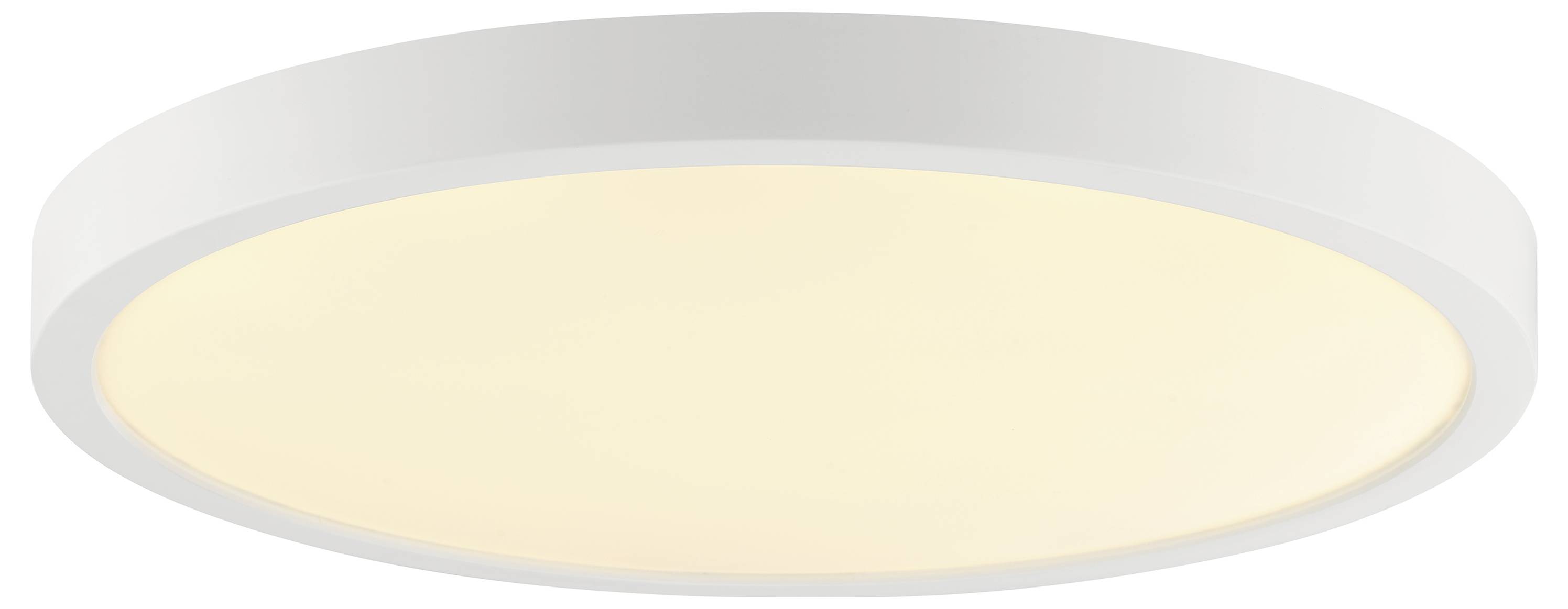 Eine runde, bündig montierte Deckenleuchte mit weißem Rahmen und warmem, diffusem Licht, geeignet für moderne Innenräume.