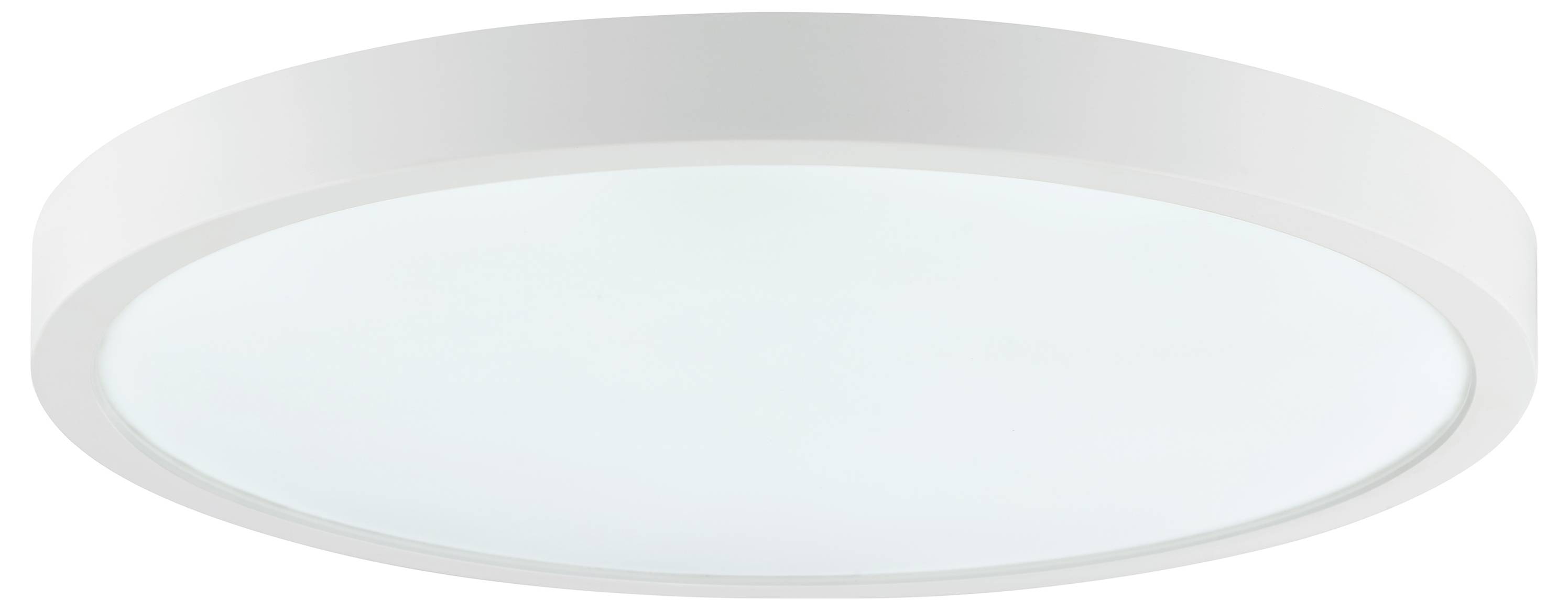 Eine runde weiße Deckenleuchte mit einem mattierten Glasgehäuse, die für moderne Inneneinrichtung konzipiert ist, aus einem Blickwinkel von unten aufgenommen.