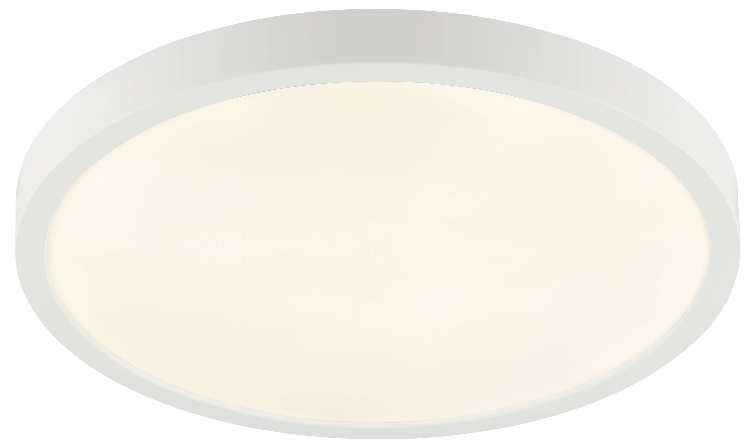 Eine kreisförmige, moderne LED-Deckenleuchte mit einem diffusen weißen Leuchten.