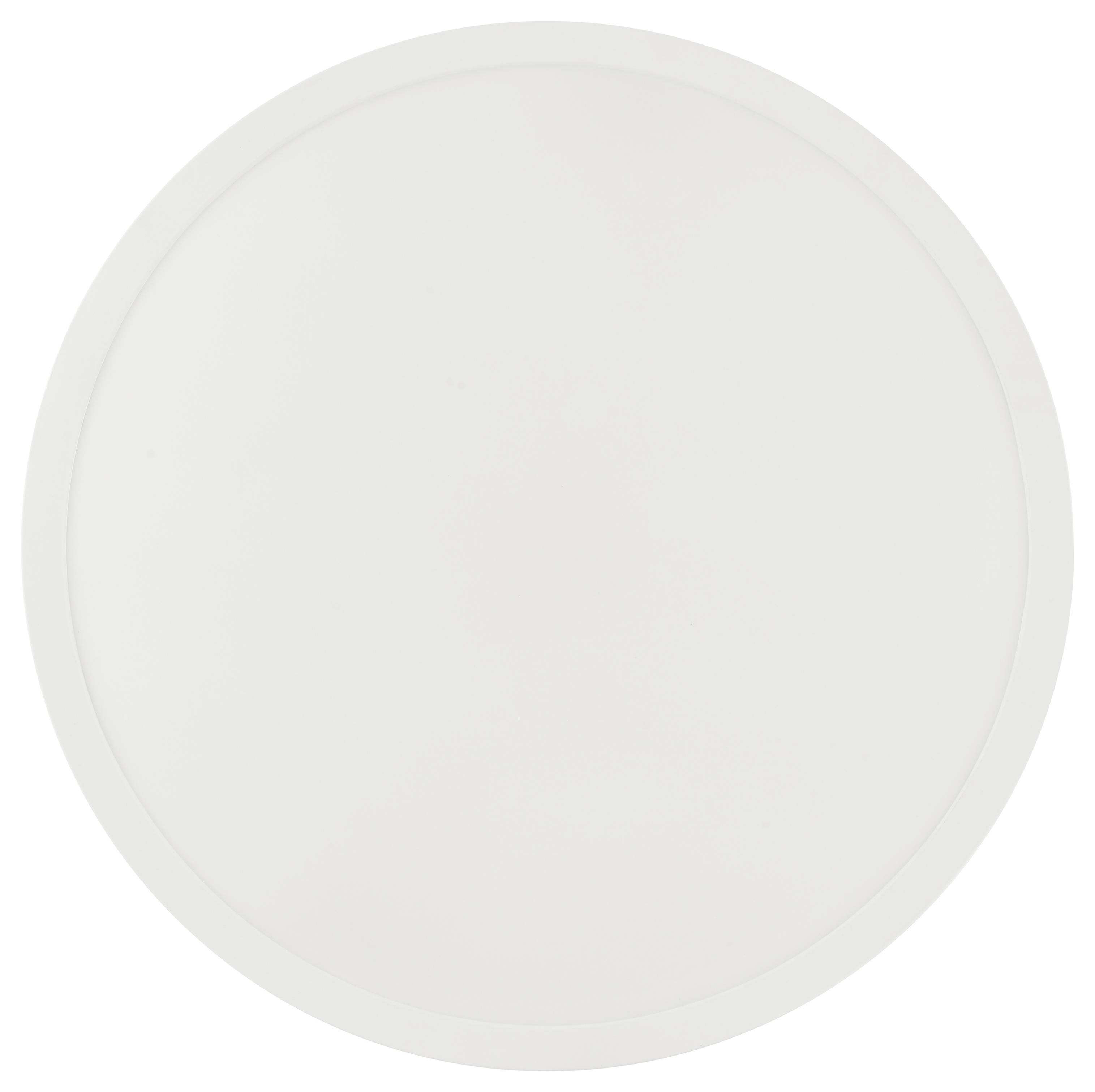 Ein einfacher weißer Teller in Kreisform, von oben betrachtet.