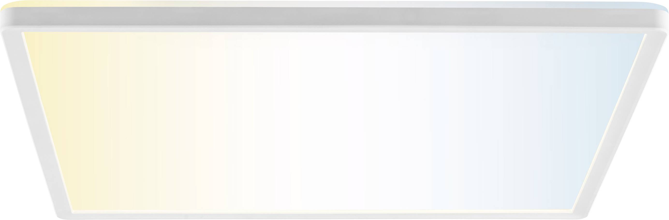 Ein rechteckiges LED-Paneel-Licht mit einem Farbverlauf von warmem Gelb auf der linken Seite zu kühlem Blau auf der rechten Seite, der den Farbtemperaturbereich demonstriert.