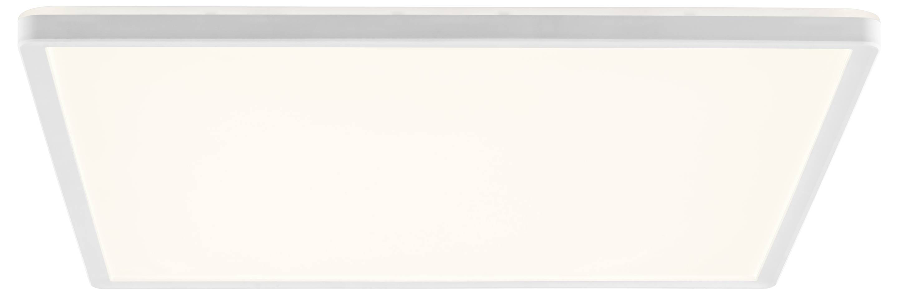 Eine rechteckige LED-Deckenleuchte mit weißem Rahmen strahlt ein weiches, gleichmäßiges Licht aus und eignet sich ideal für moderne Innenräume.