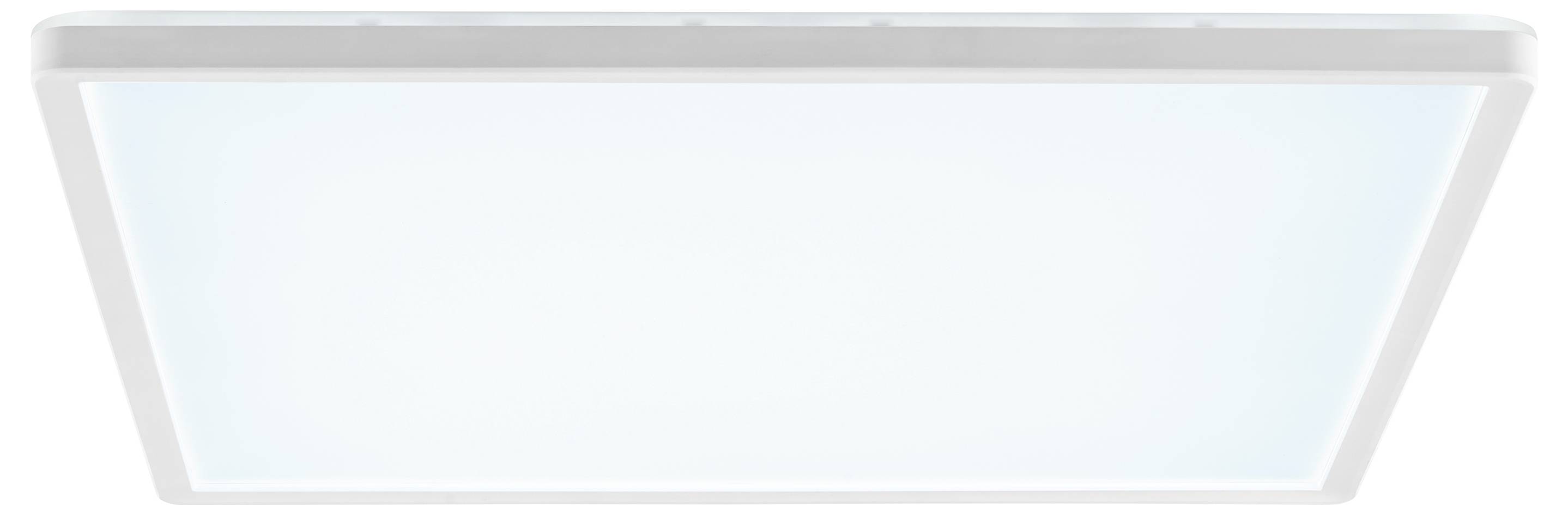 Eine rechteckige LED-Deckenleuchte mit einem weichen, diffusen weißen Leuchten, vor einem weißen Hintergrund.