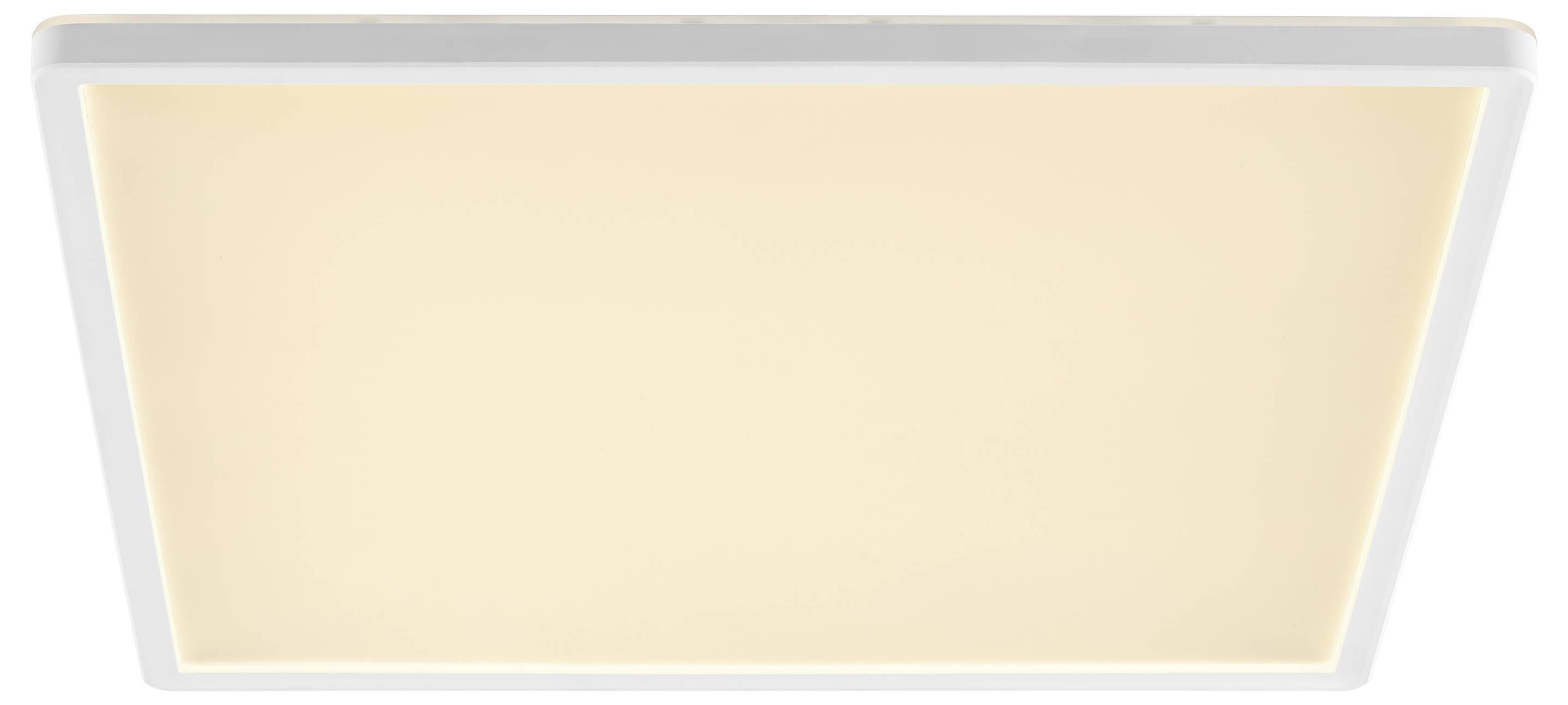 Eine quadratische Deckenlampe, die ein warmes, diffuses Licht ausstrahlt und von einem schmalen weißen Rahmen umgeben ist.