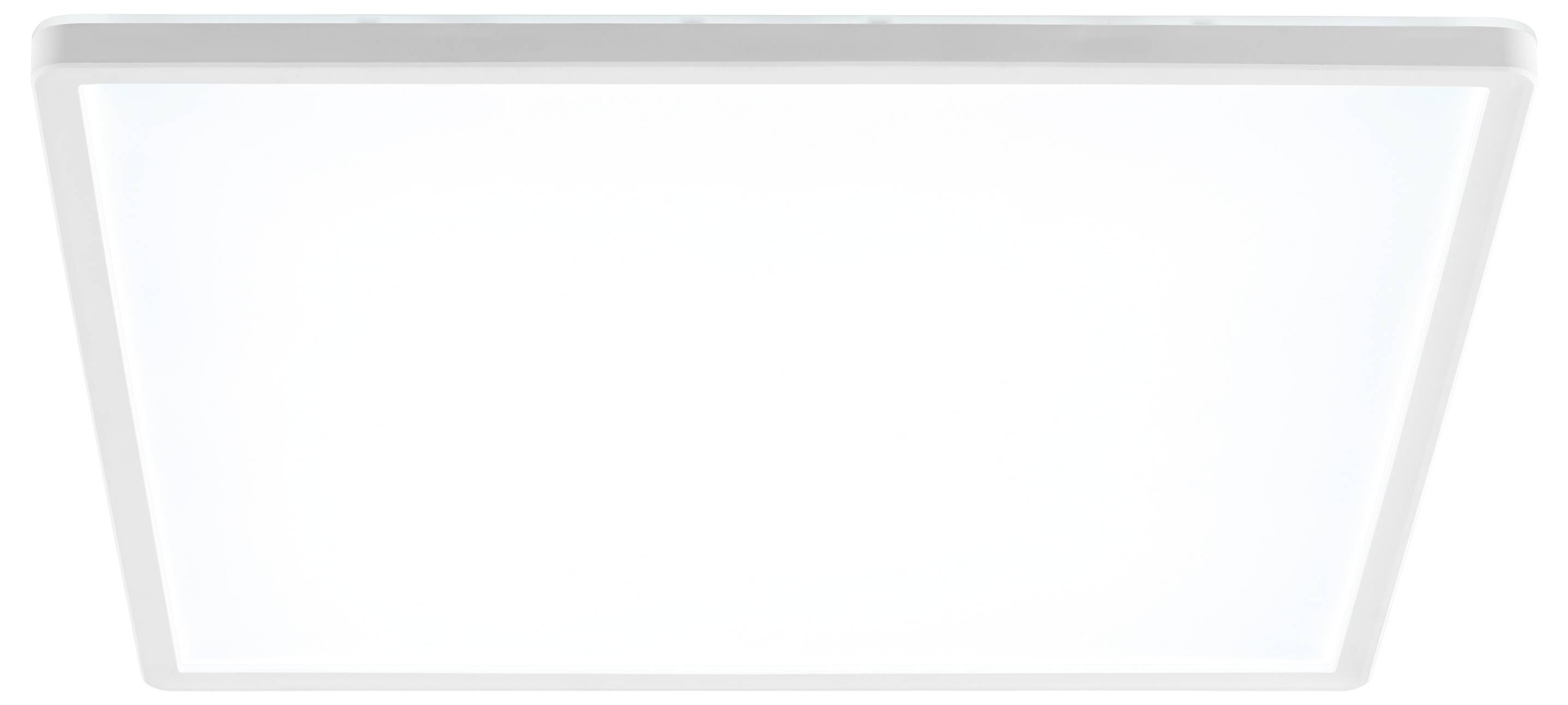 Ein weißes, rechteckiges LED-Deckenplattenlicht, beleuchtet und von direkt von unten betrachtet.