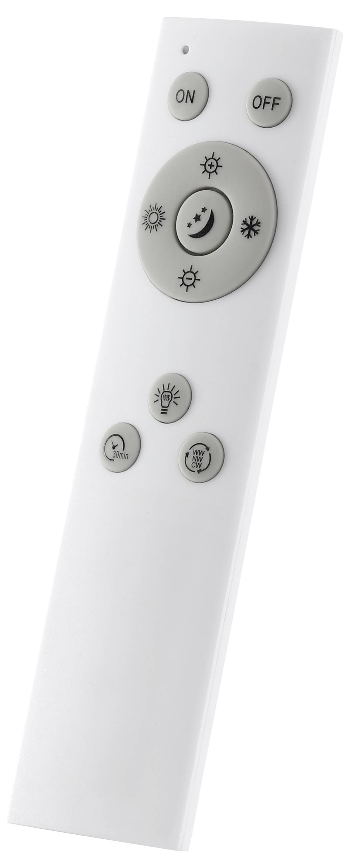 Fernbedienung mit Tasten für Ein/Aus, Helligkeit und Lichtmodi, einschließlich eines Mondsymbols für Nachtmodus.