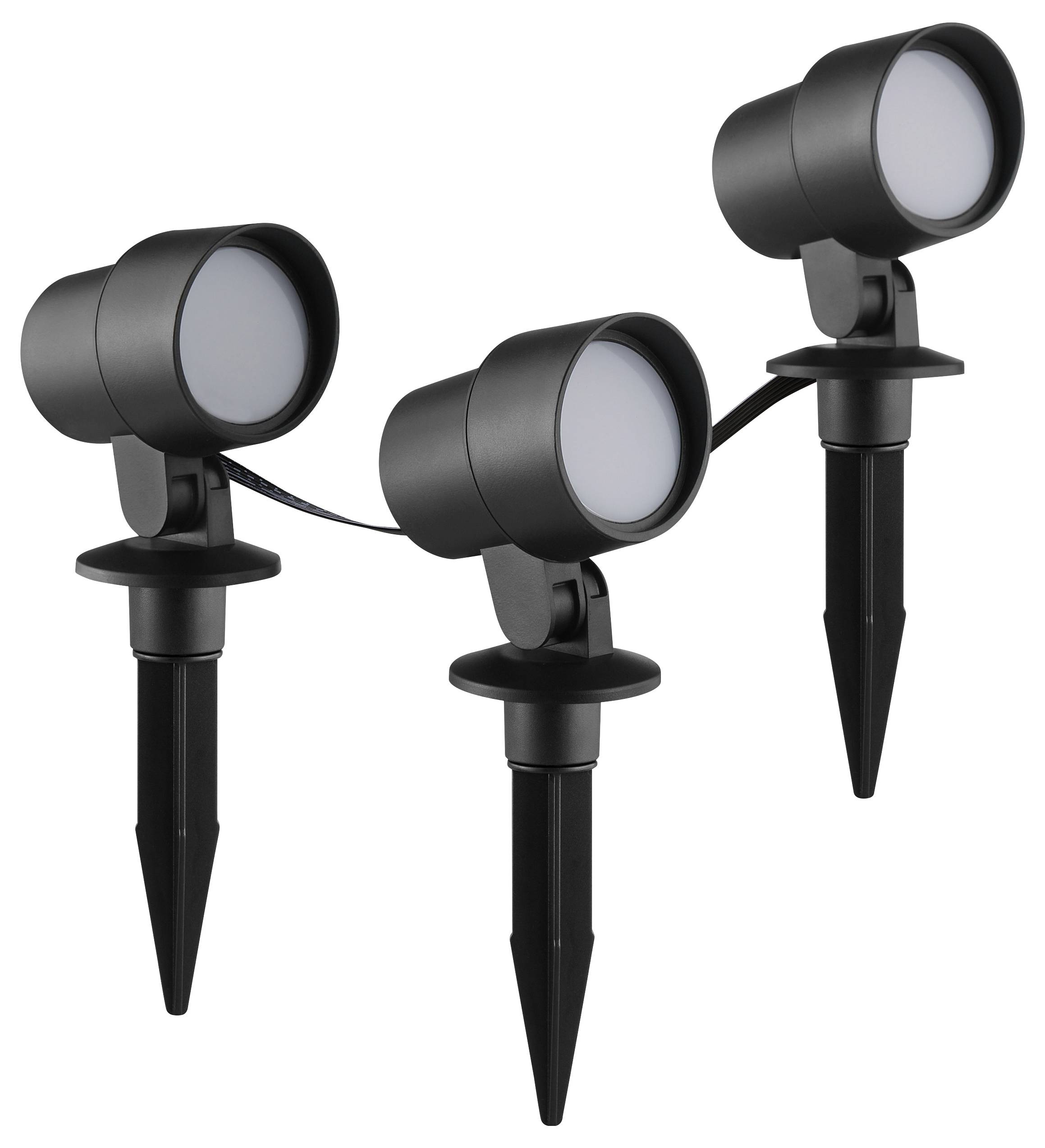 Drei schwarze Outdoor-LED-Strahler mit Erdspießen, durch ein einziges Kabel verbunden, für Garten- oder Landschaftsbeleuchtung.