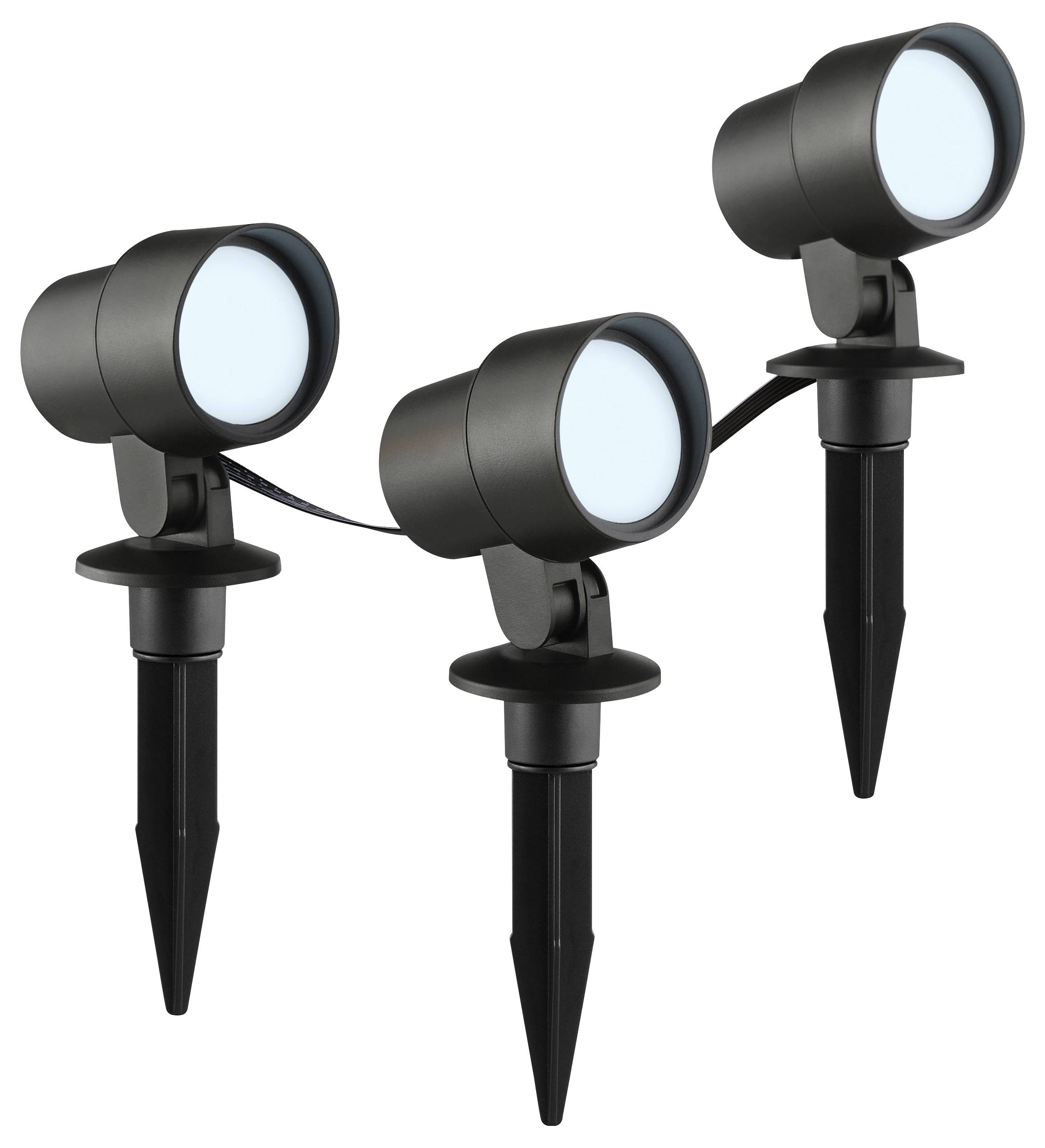 Drei verbundene schwarze Außen-Spotleuchten mit Erdspießen, konzipiert für Garten- oder Landschaftsbeleuchtung.