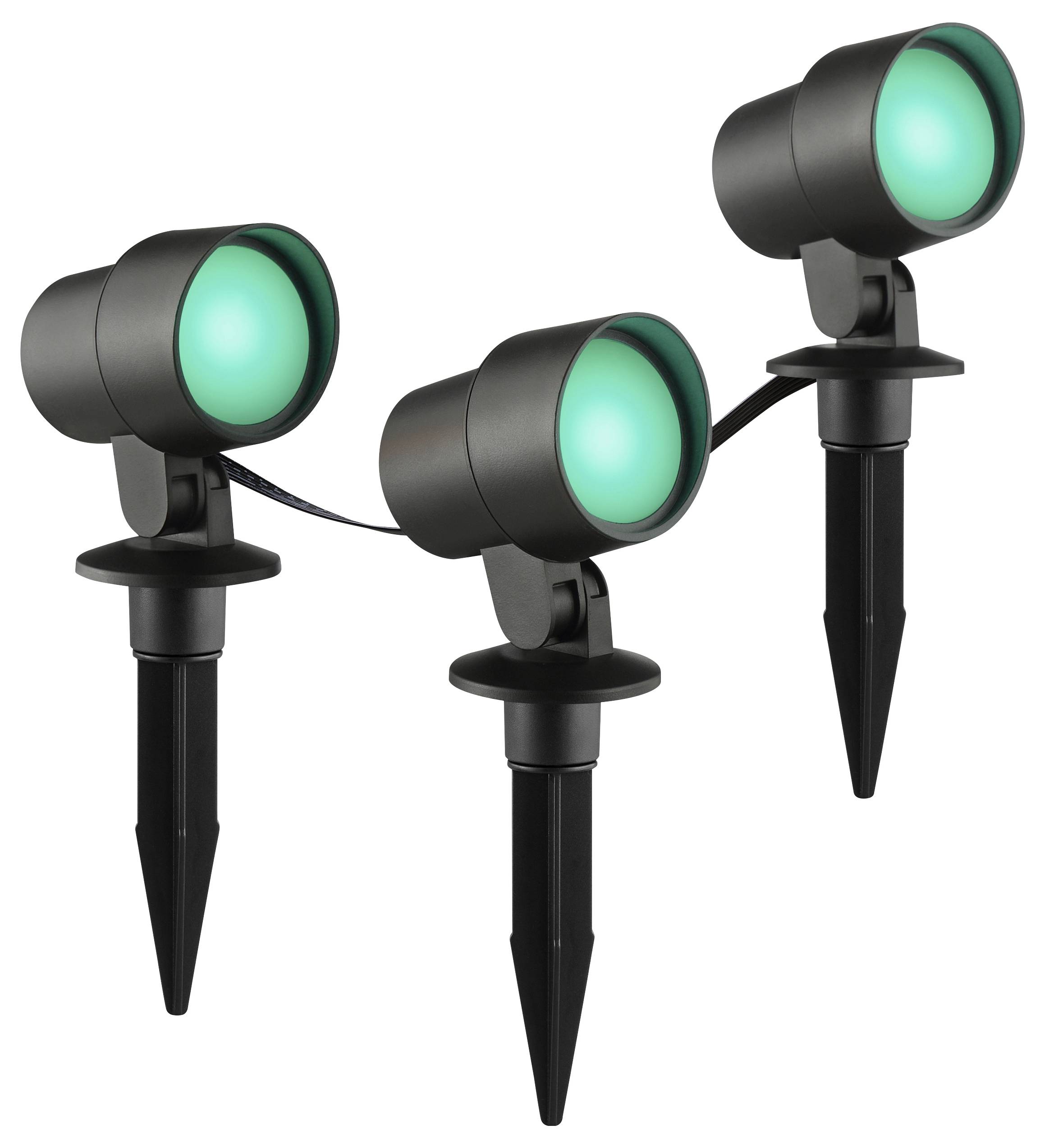 Drei schwarze Außen-Scheinwerfer mit grünen Leuchtmitteln sind auf Erdspießen befestigt. Sie sind mit einem Kabel verbunden und für Gartenbeleuchtung konzipiert.