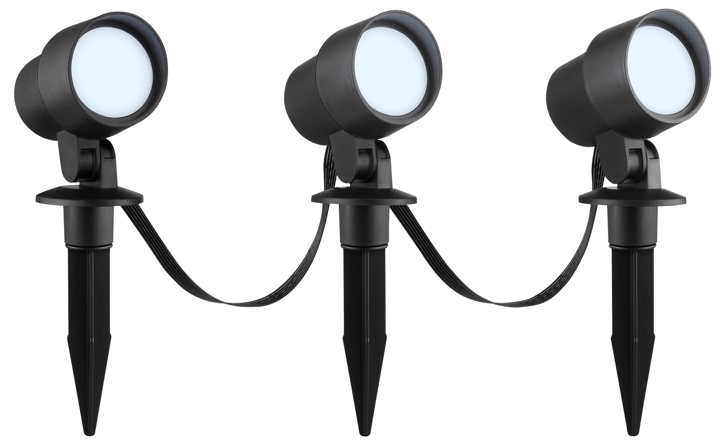 Drei schwarze Außenleuchten mit spitzen Erdspießen und einem Verbindungskabel, konzipiert für die Beleuchtung von Gärten oder Wegen.