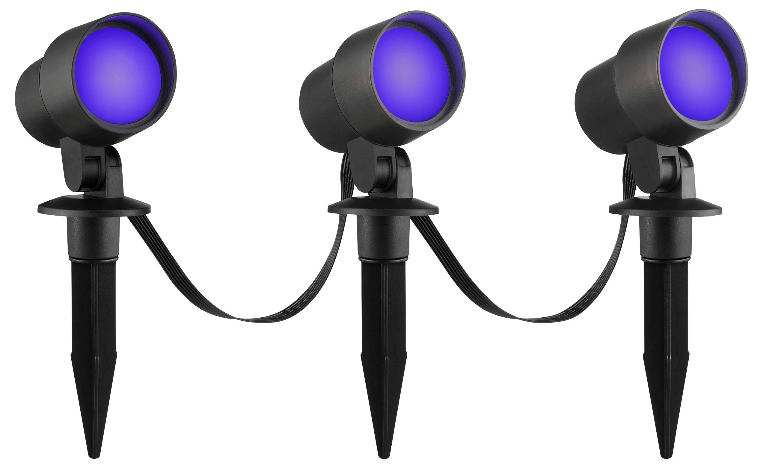 Drei verbundene schwarze Außenstrahler mit blauen Linsen, auf Erdspießen montiert, für die Bodeninstallation konzipiert.