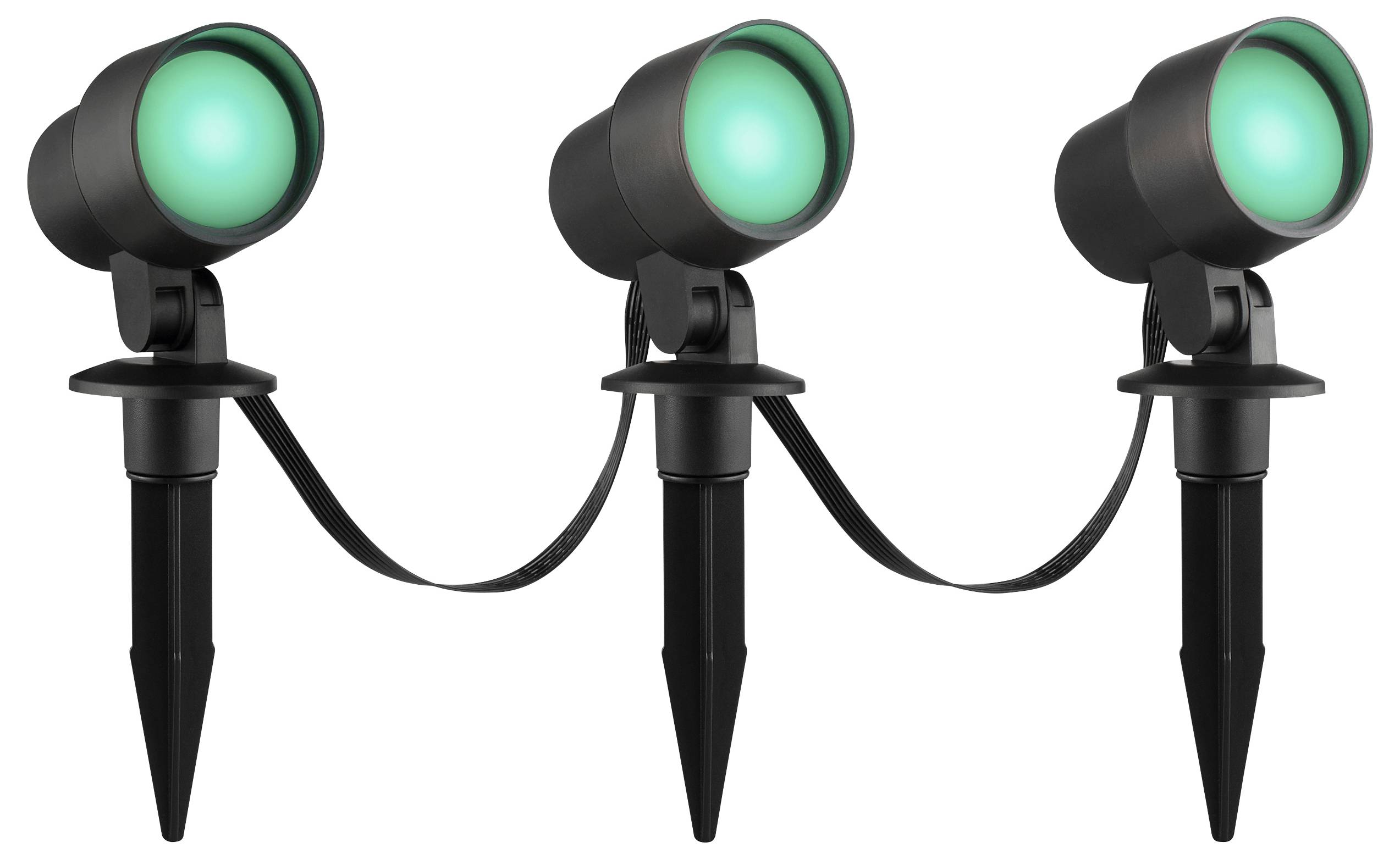 Drei schwarze Außenspots mit grüner Beleuchtung, durch ein Kabel verbunden, für Garten- oder Landschaftsbeleuchtung konzipiert.