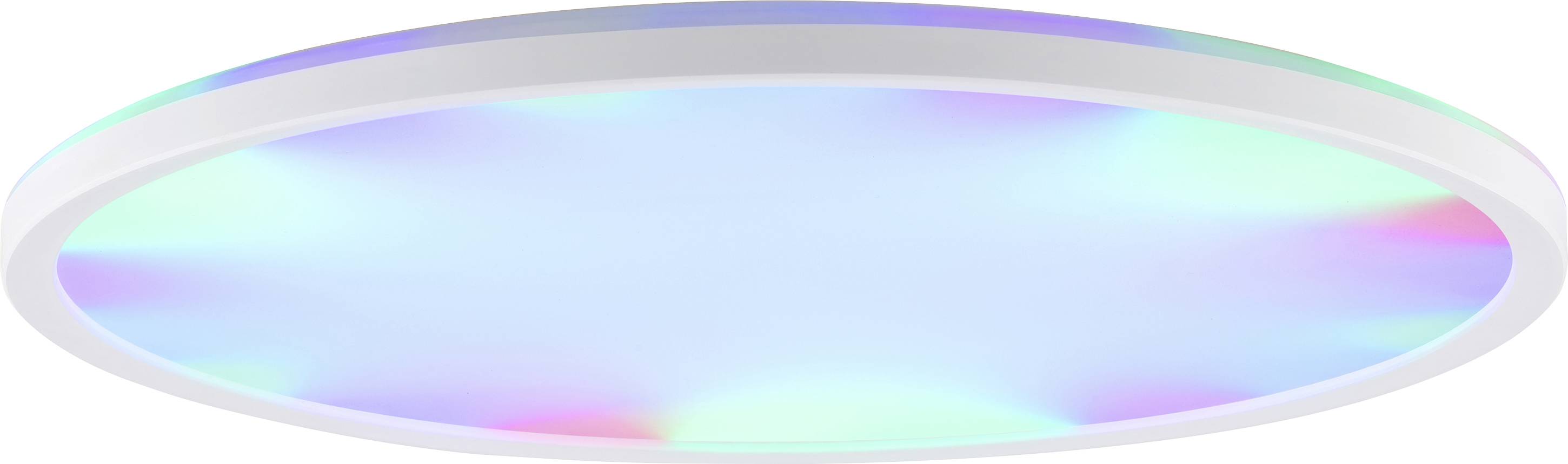 Kreisförmige LED-Deckenleuchte mit weißem Rahmen, die einen sanften Farbverlauf von Blau, Grün und Lila ausstrahlt und eine ambiente Beleuchtung erzeugt.