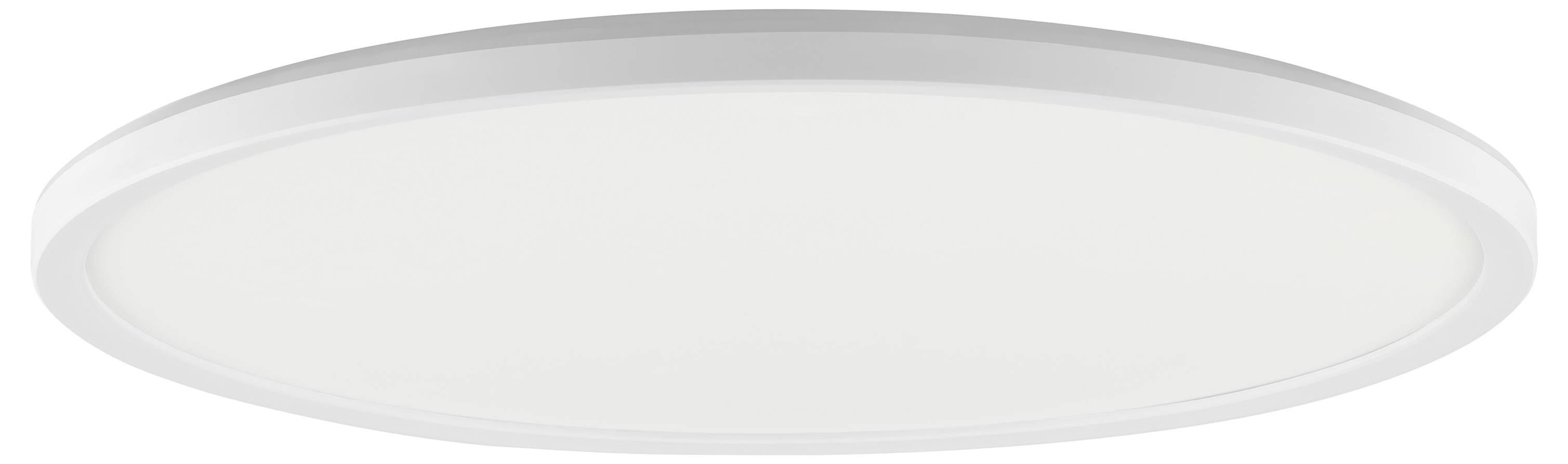 Eine runde, weiße Deckenleuchte mit elegantem, modernem Design, bündig an der Deckenoberfläche montiert.